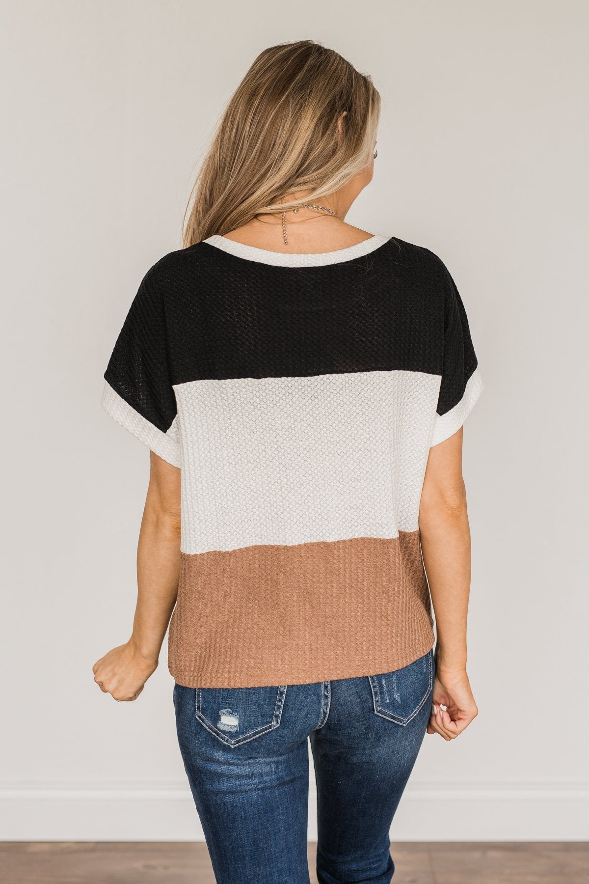 Unforgettable Fun Color Block Top- Black, Ivory & Mocha