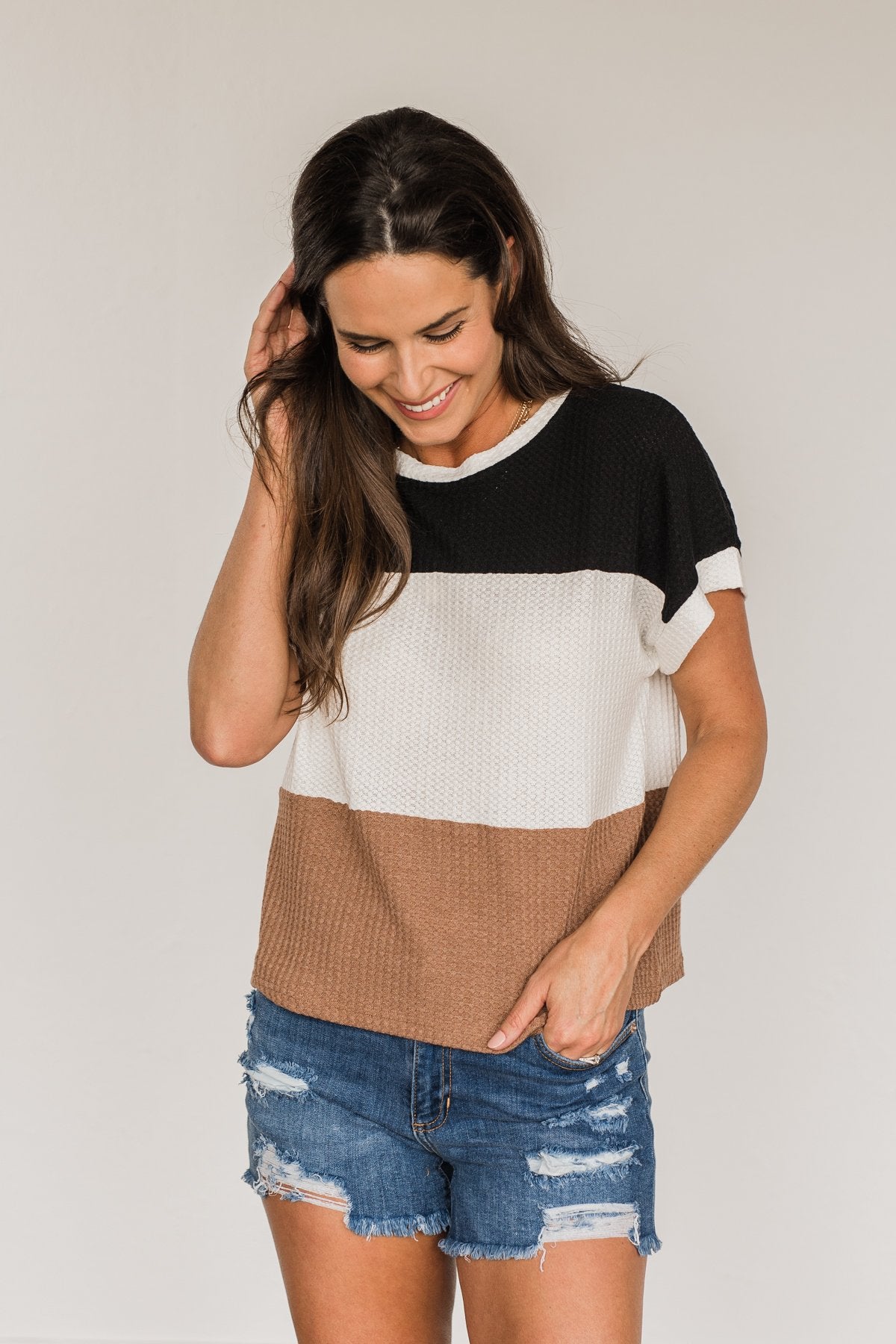 Unforgettable Fun Color Block Top- Black, Ivory & Mocha