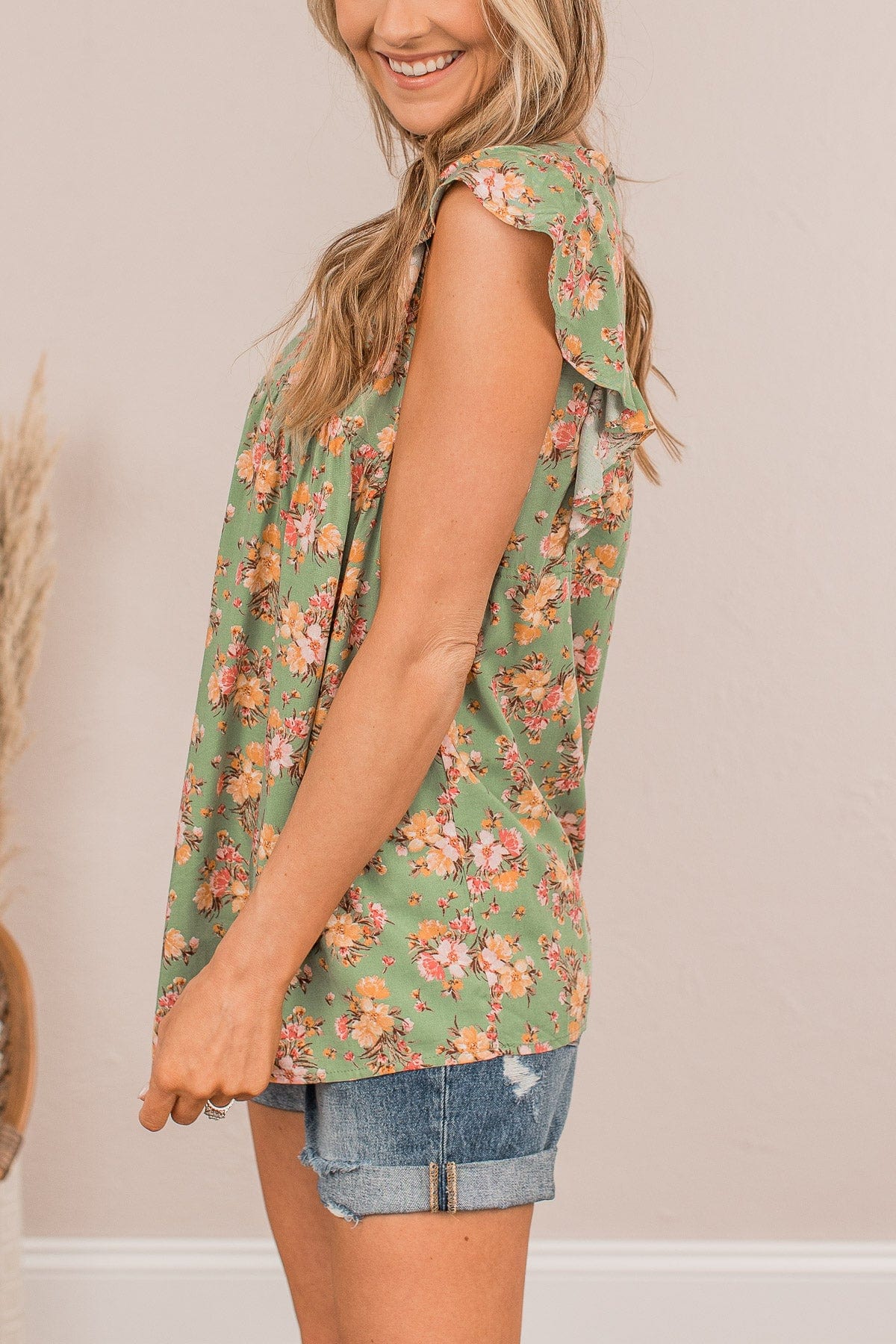 When We Last Spoke Floral Top- Sage