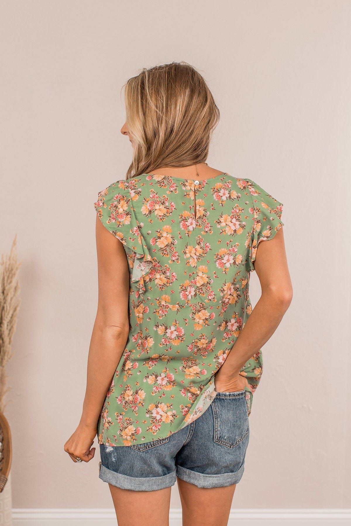 When We Last Spoke Floral Top- Sage
