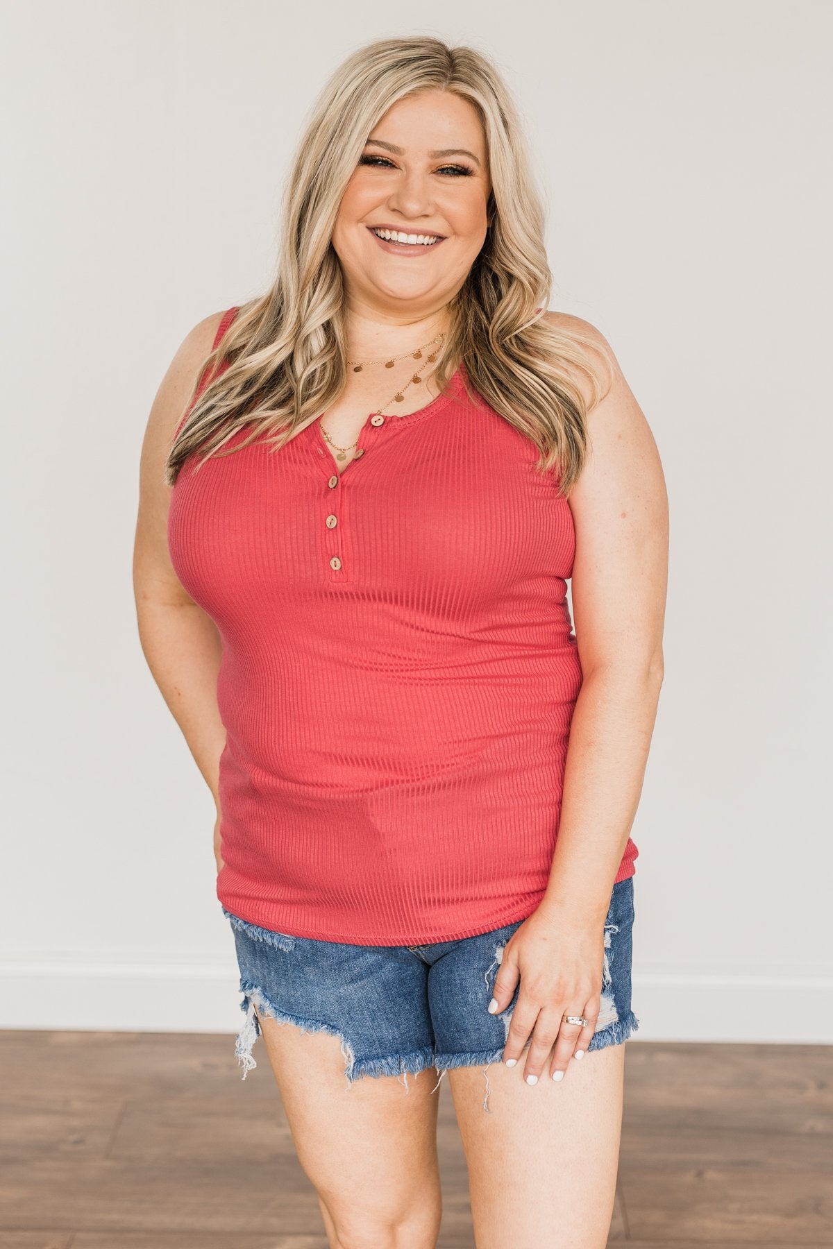 5 Button Henley Tank Top- Lipstick Pink