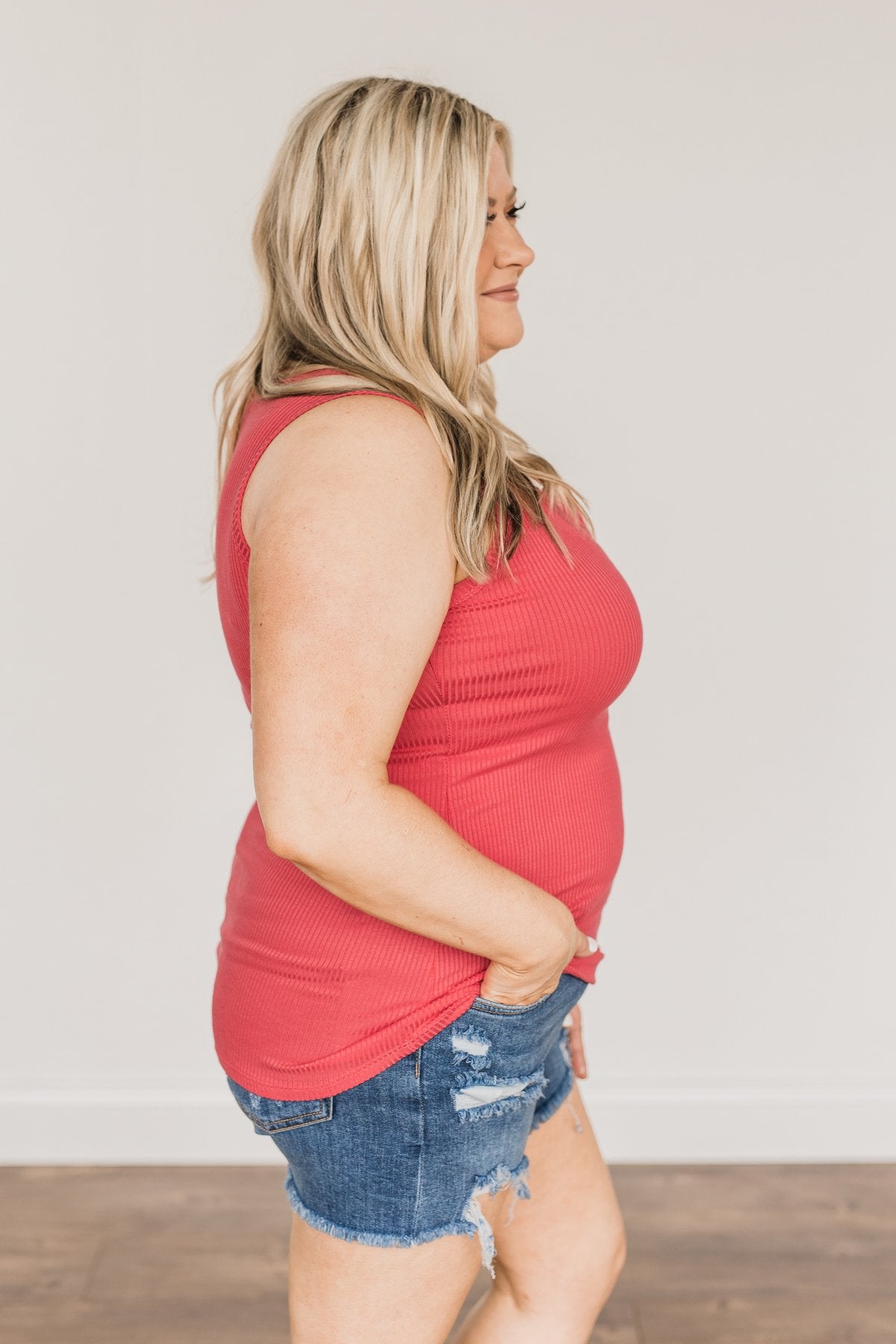 5 Button Henley Tank Top- Lipstick Pink