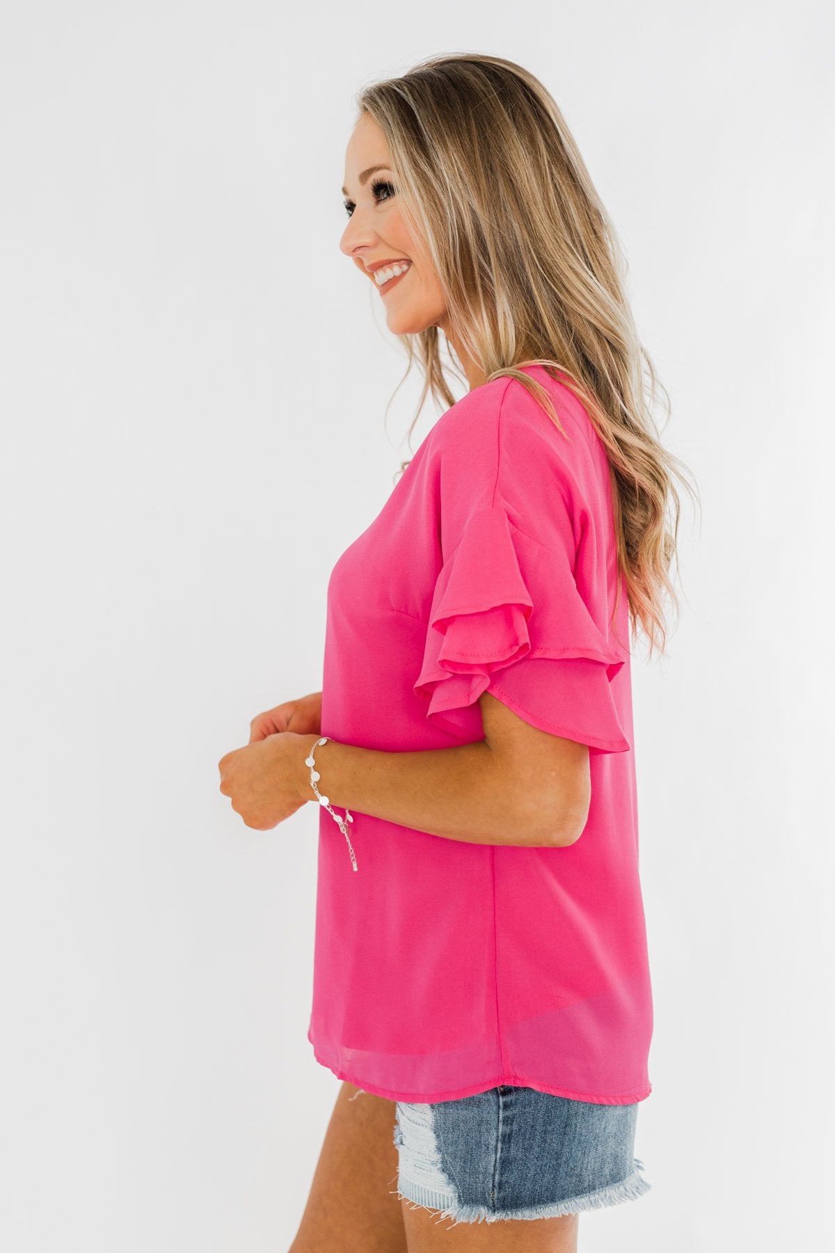 Show Me The Way Ruffle Sleeve Blouse- Hot Pink