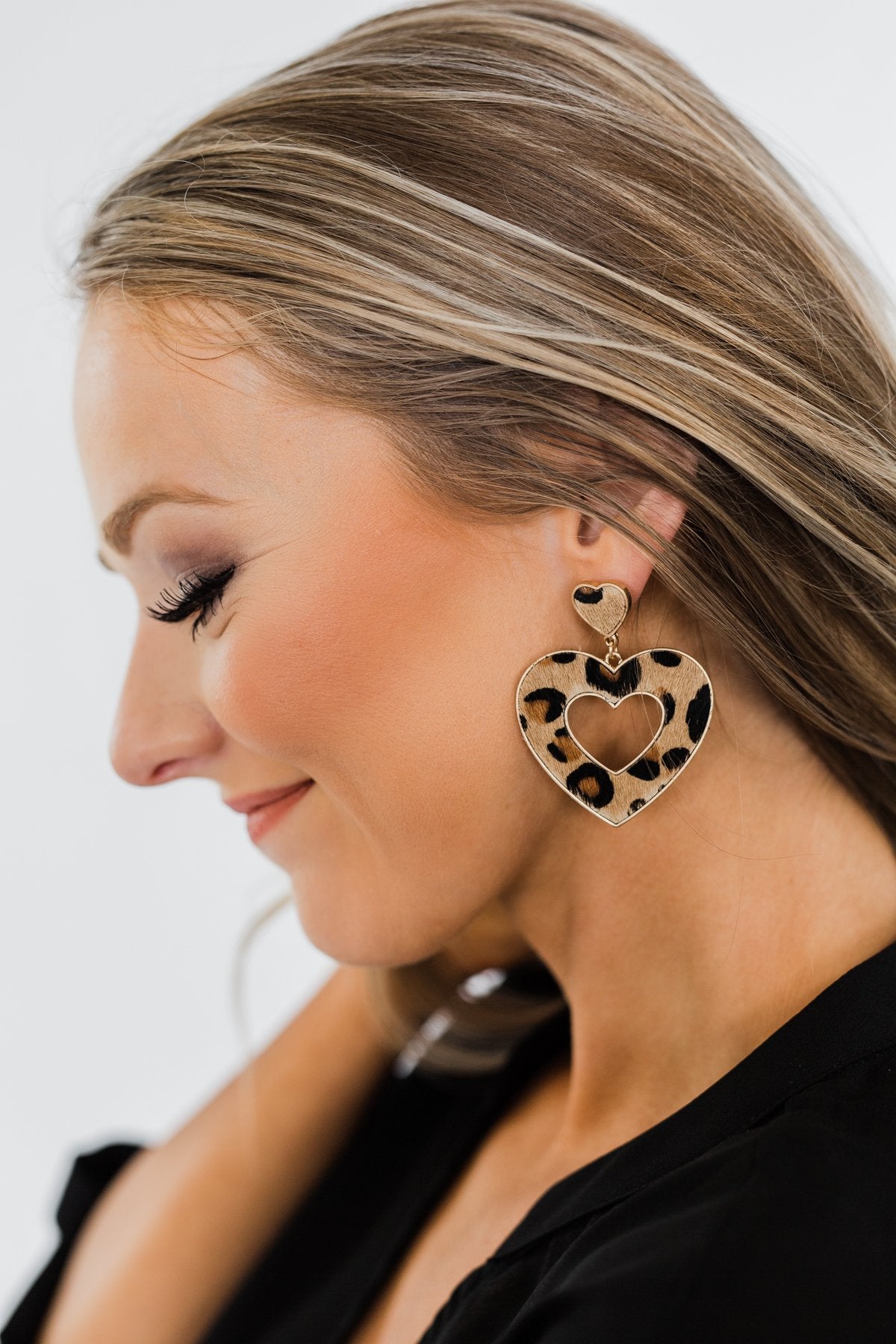 Double Heart Dangle Earrings- Leopard