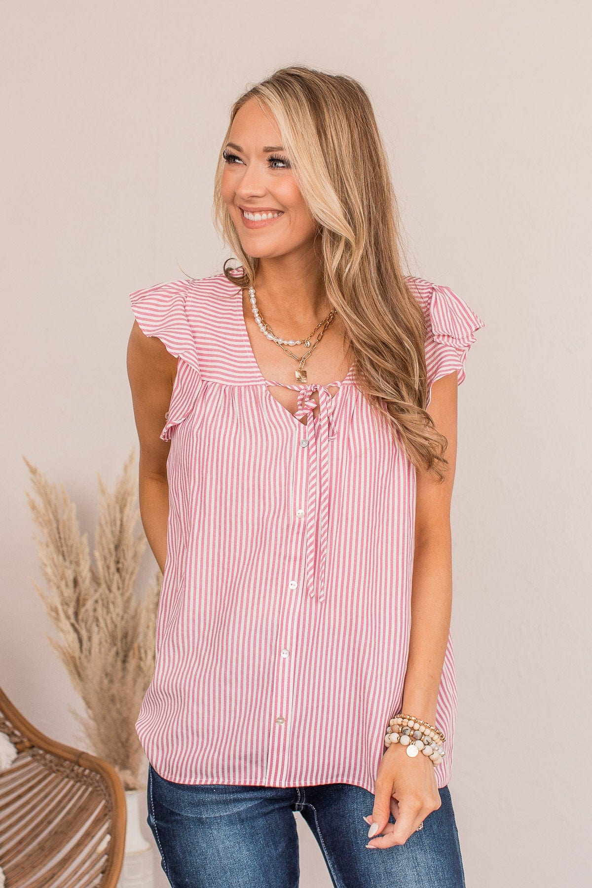 Done Hiding Striped Button Blouse- Pink
