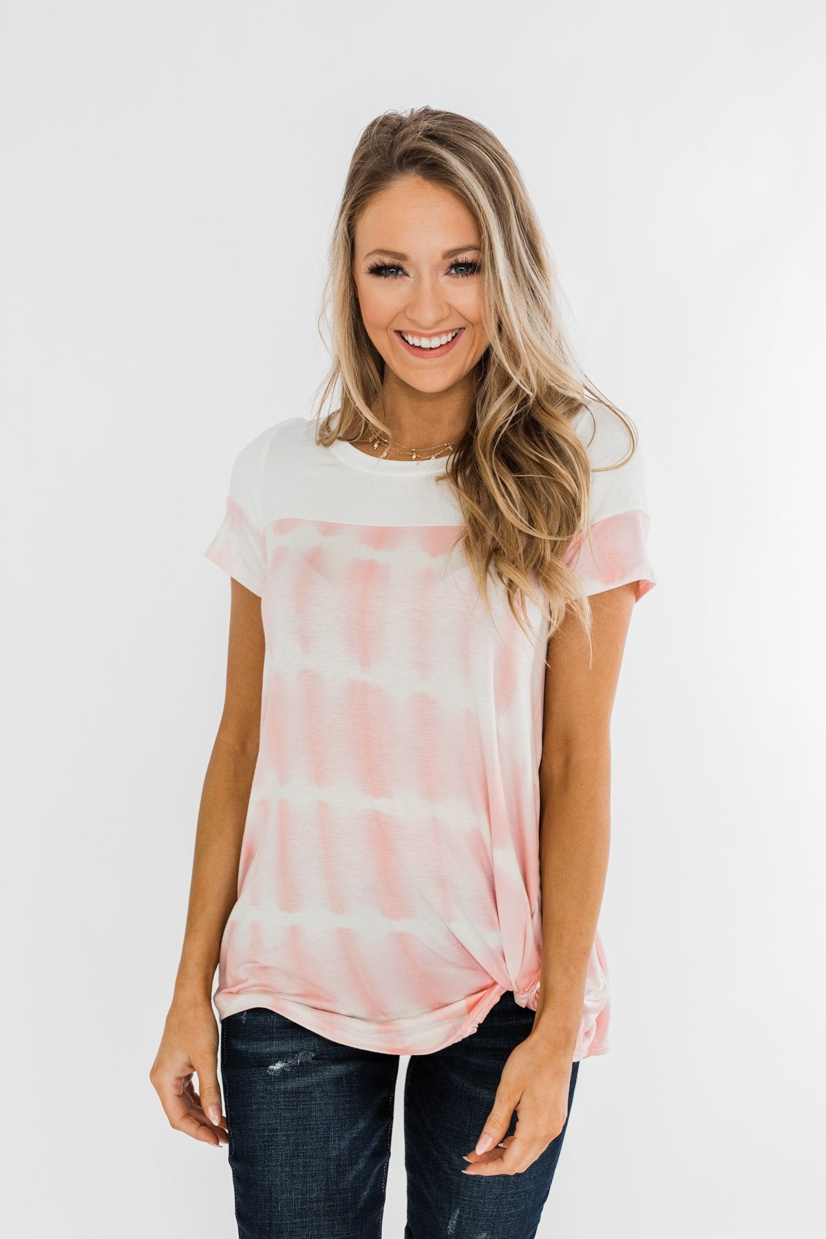 Wondering About Us Front Twist Top- Pink & Ivory