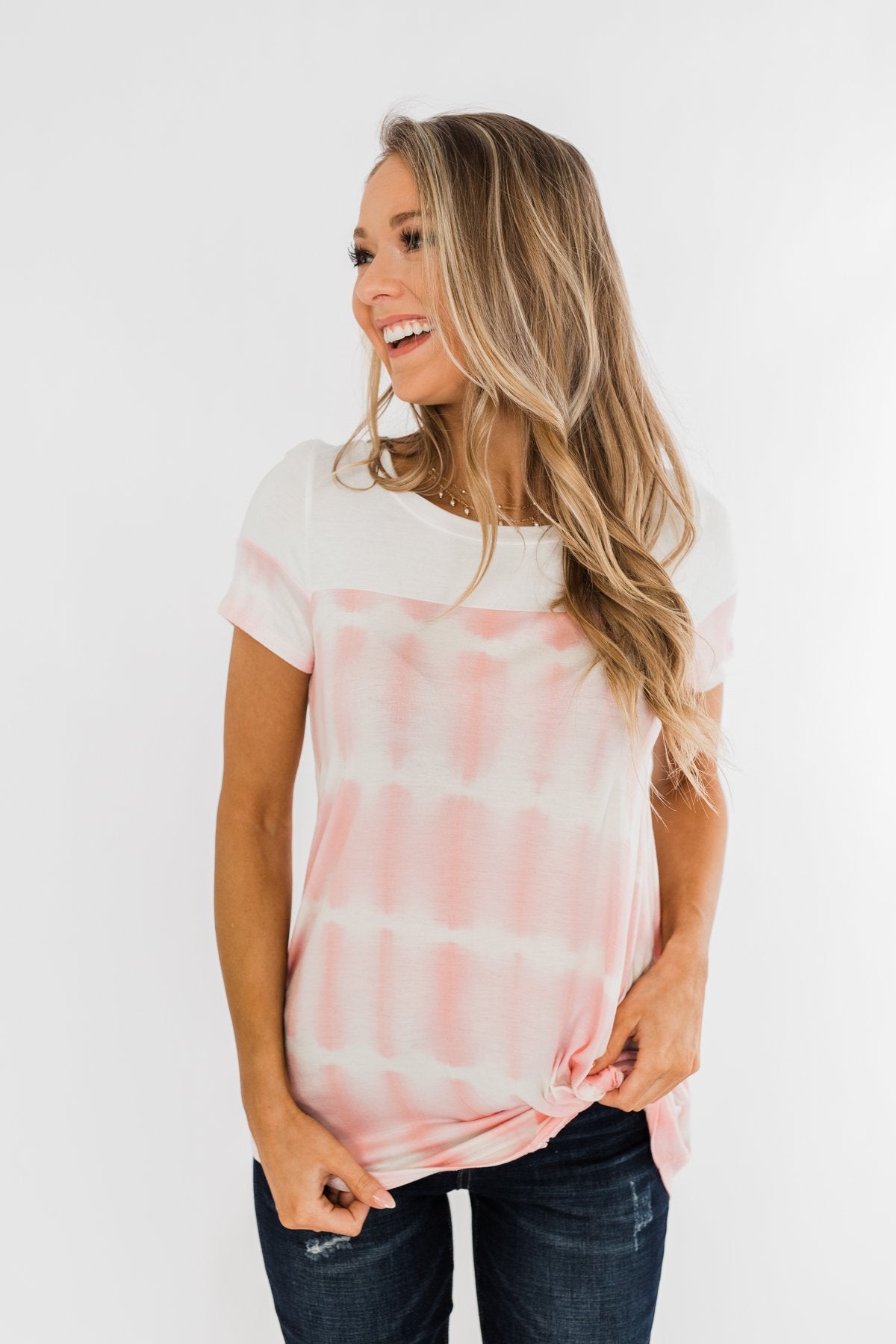 Wondering About Us Front Twist Top- Pink & Ivory