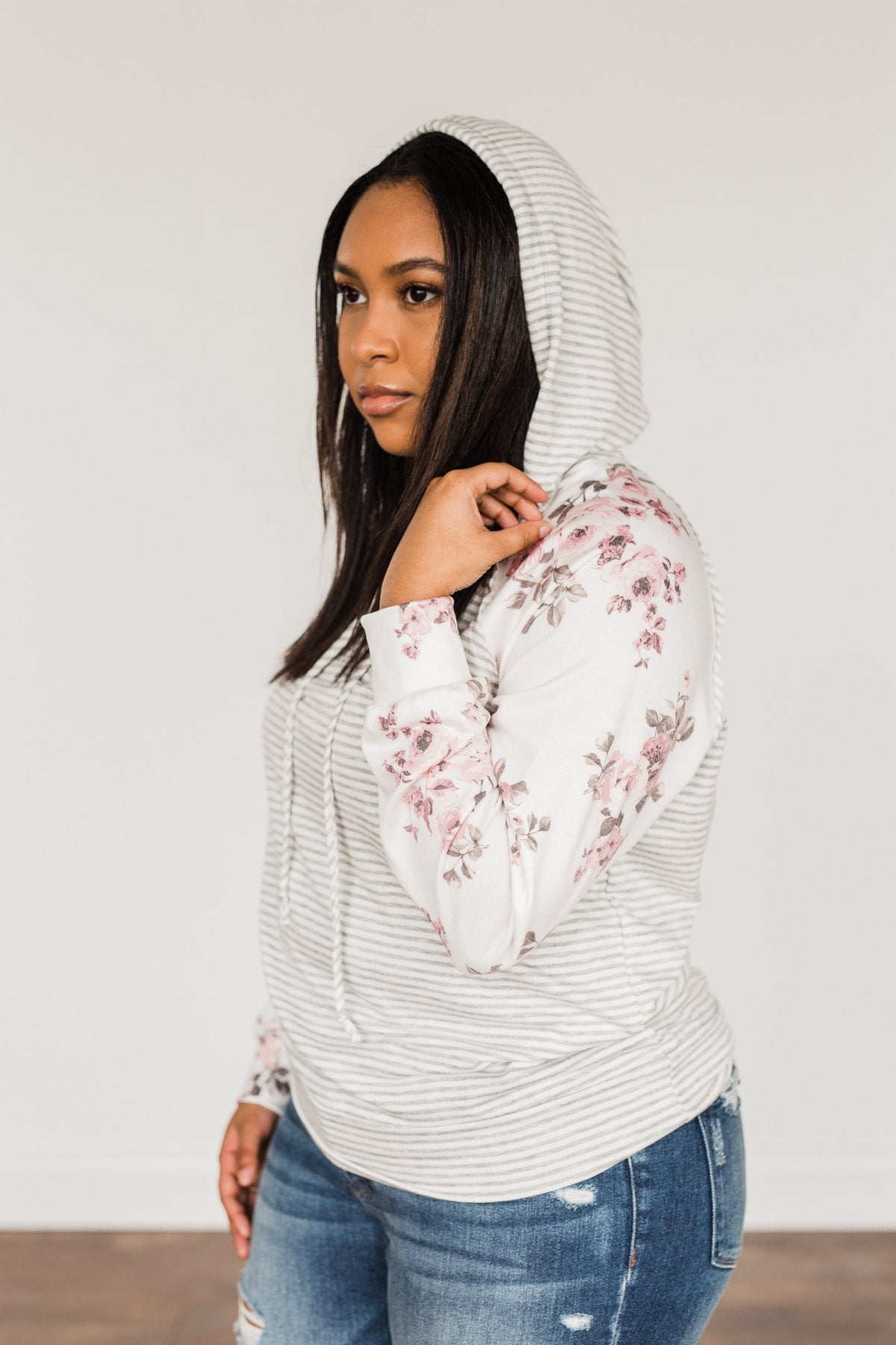 Golden Moments Drawstring Hoodie- Ivory & Grey