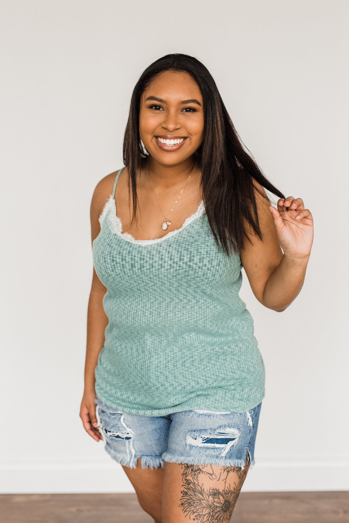 Make Life Beautiful Lace Knit Tank Top- Dusty Teal