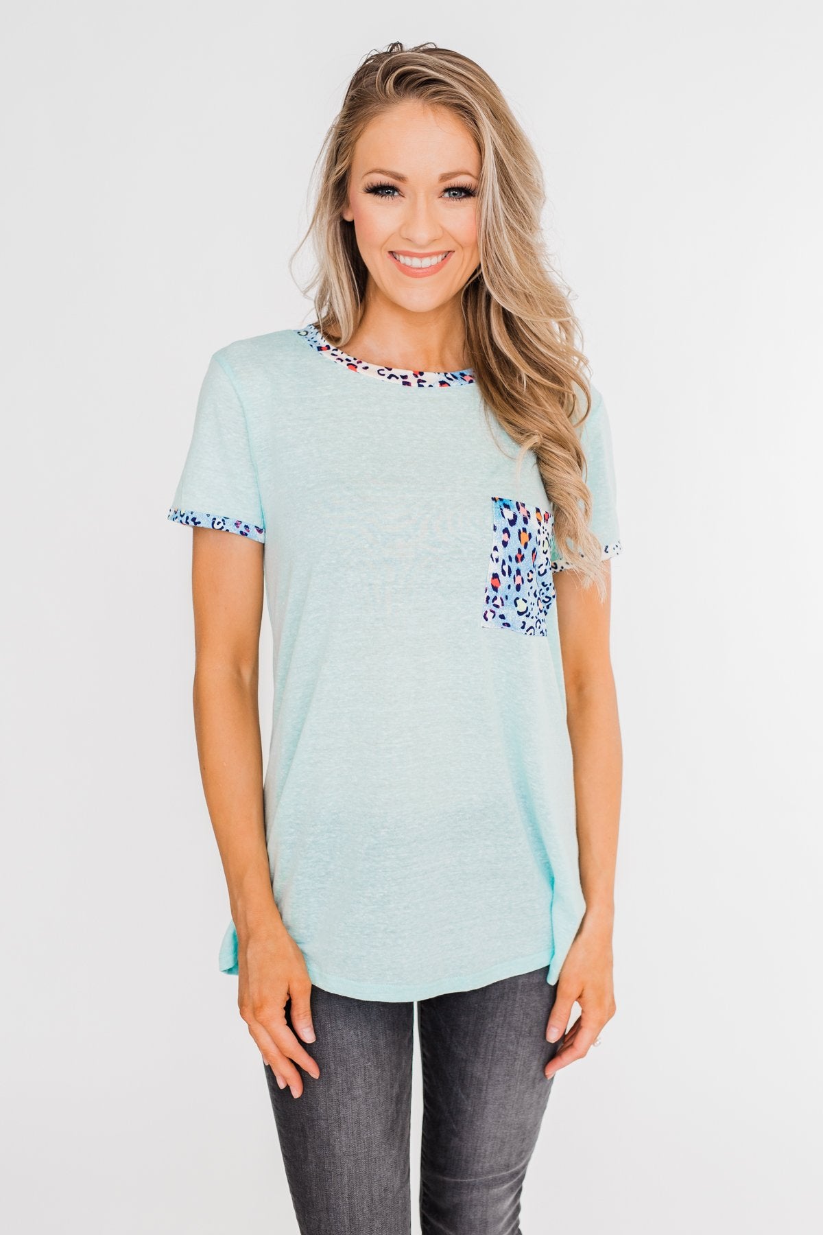 All Of A Sudden Leopard Pocket Top- Light Blue
