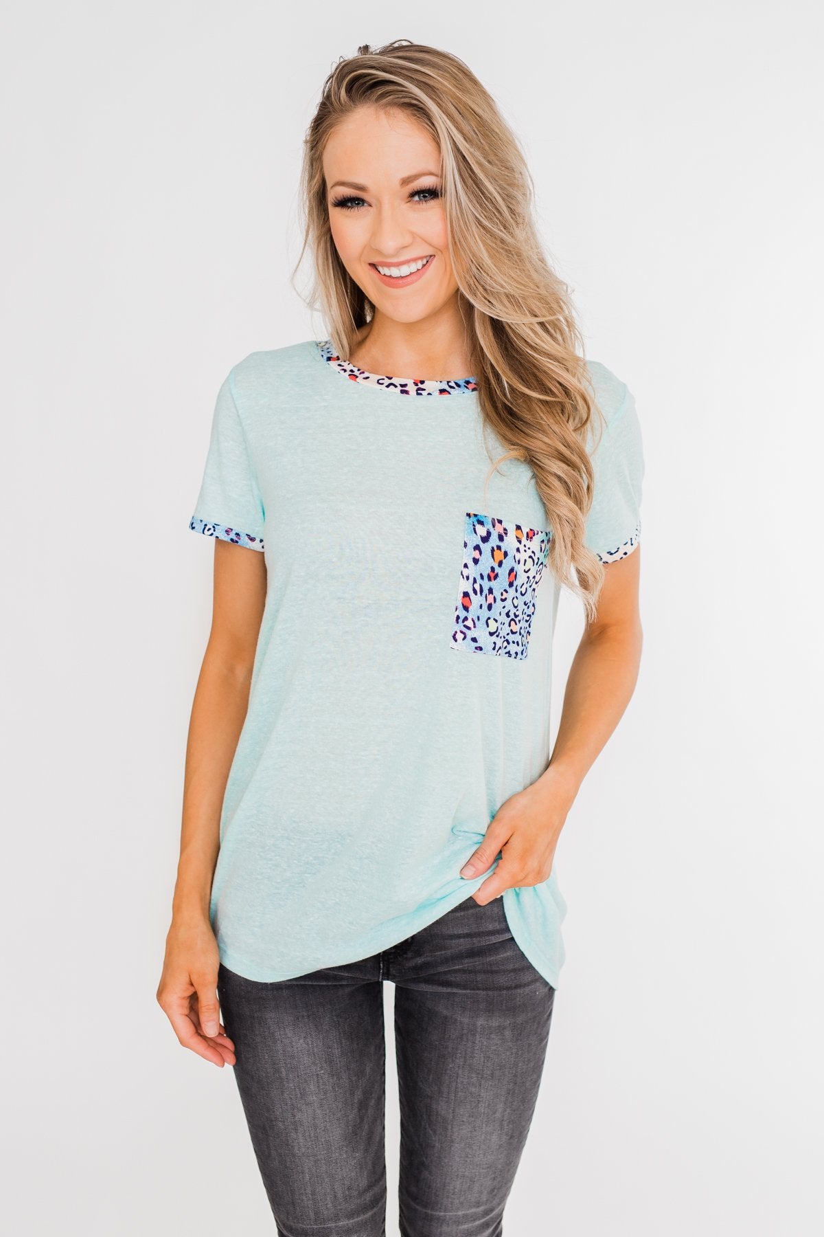 All Of A Sudden Leopard Pocket Top- Light Blue