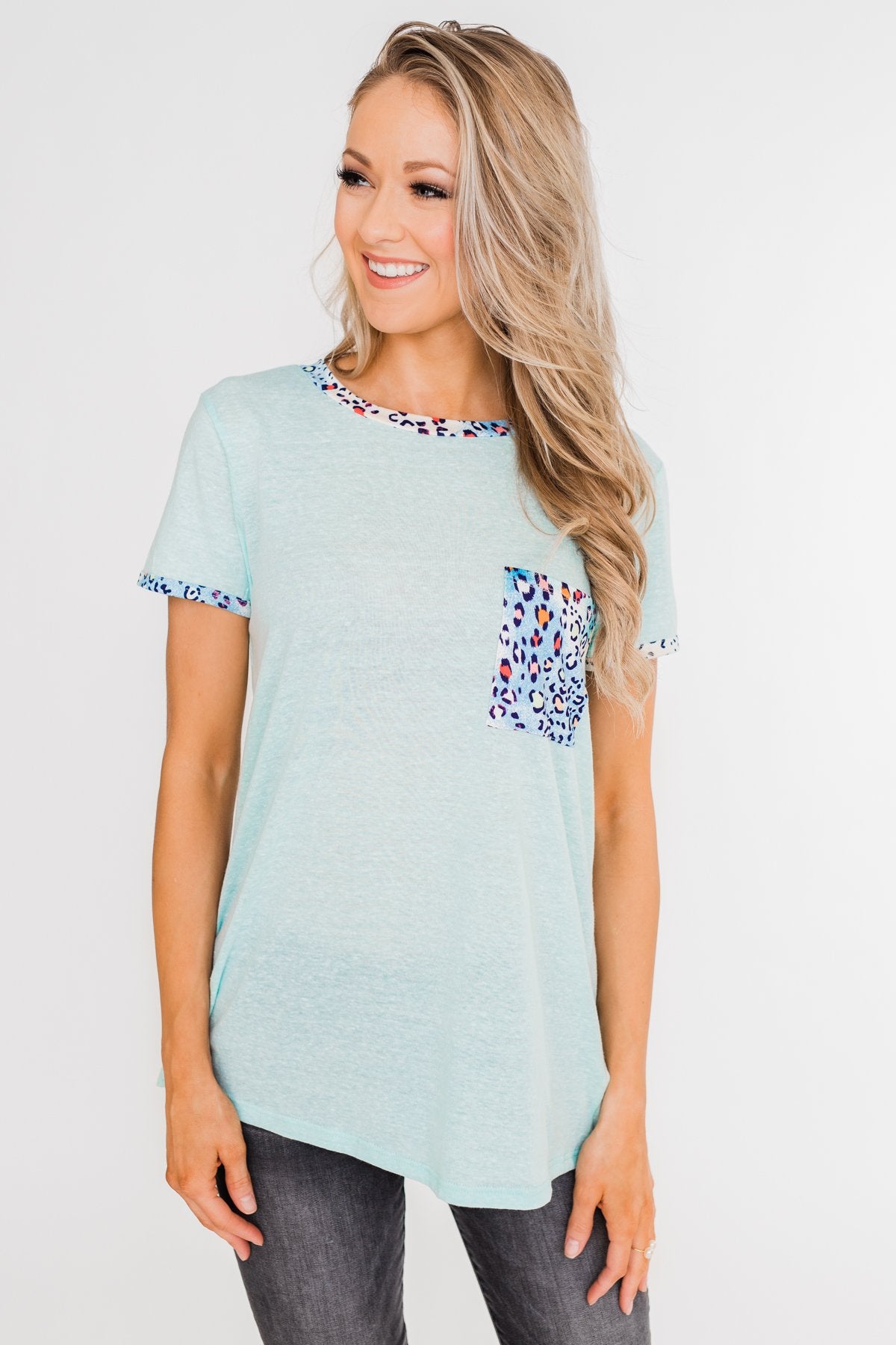 All Of A Sudden Leopard Pocket Top- Light Blue