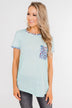 All Of A Sudden Leopard Pocket Top- Light Blue