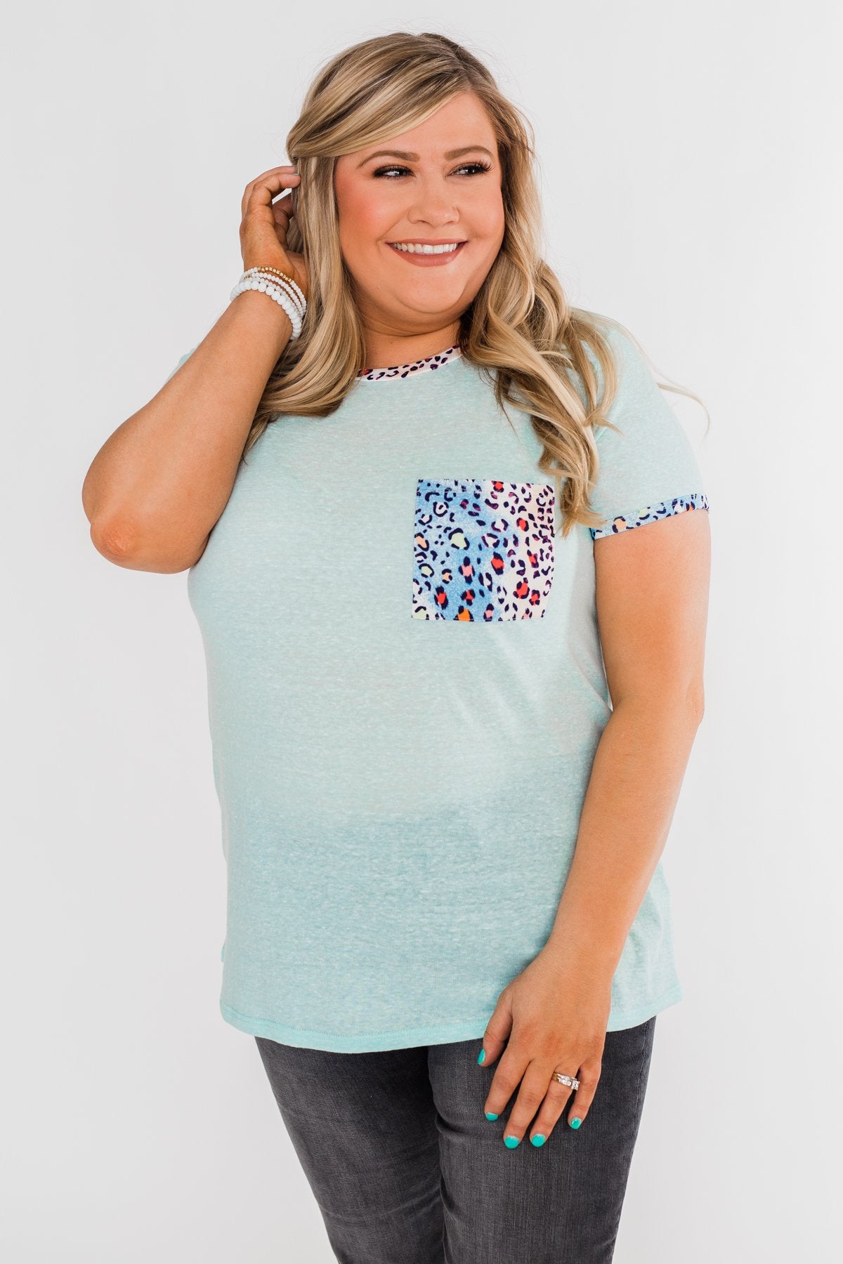 All Of A Sudden Leopard Pocket Top- Light Blue