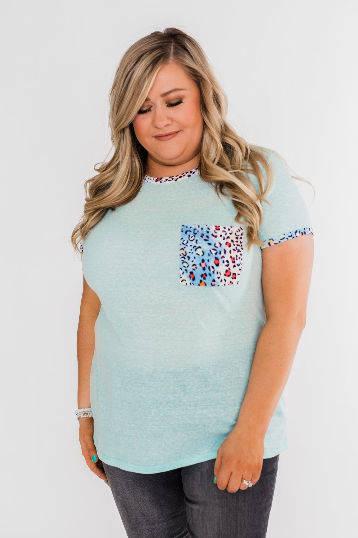 All Of A Sudden Leopard Pocket Top- Light Blue
