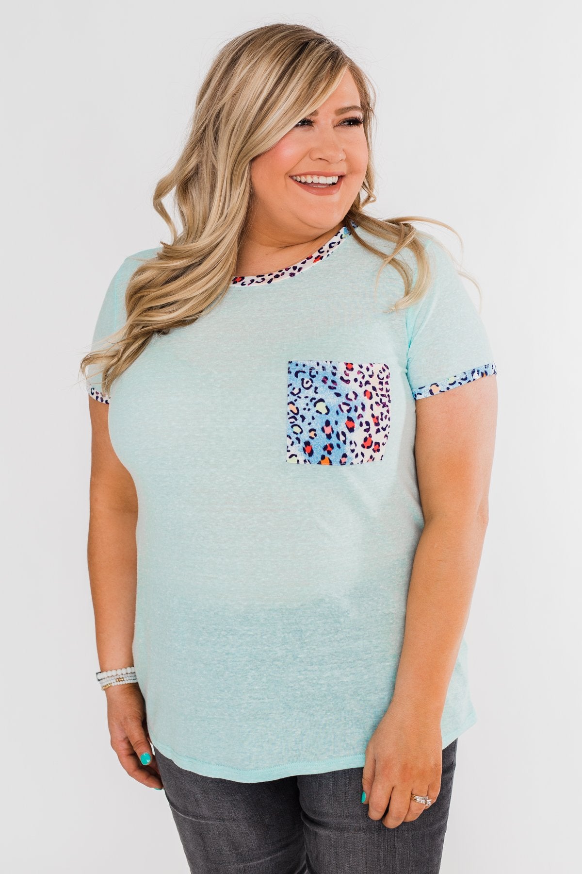 All Of A Sudden Leopard Pocket Top- Light Blue