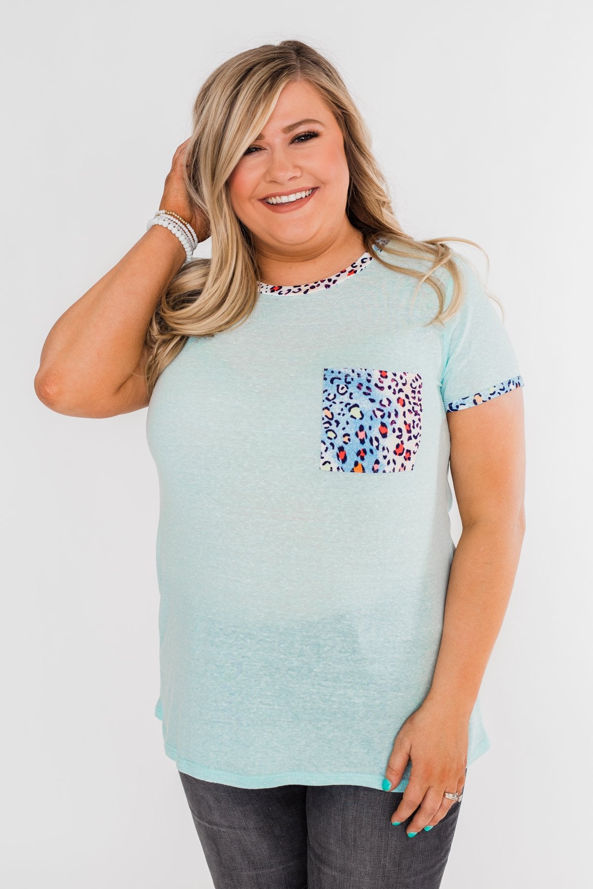All Of A Sudden Leopard Pocket Top- Light Blue