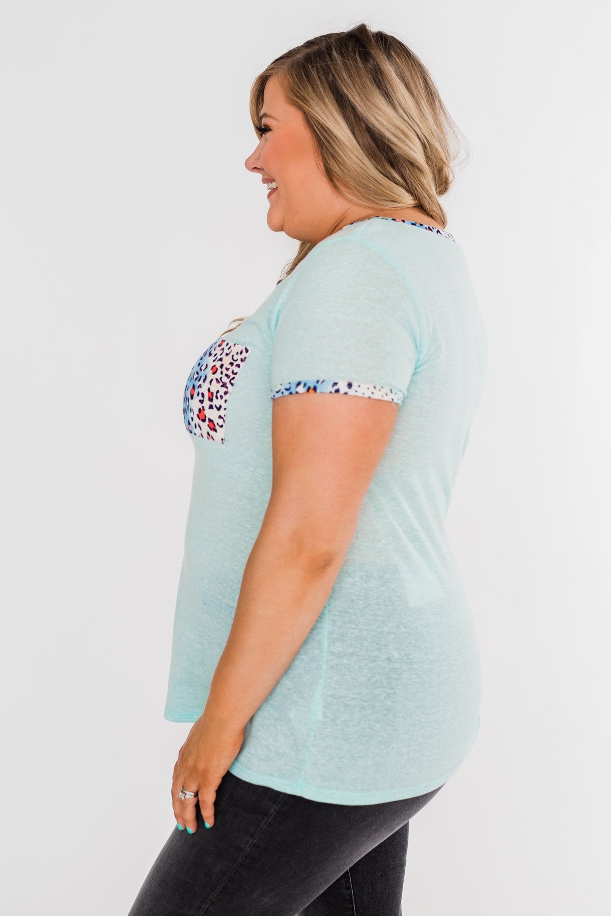 All Of A Sudden Leopard Pocket Top- Light Blue