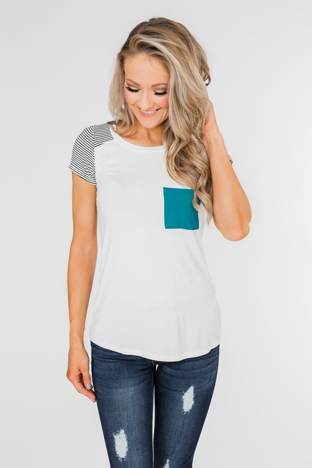 Take Me There Striped Sleeve Pocket Top- Teal