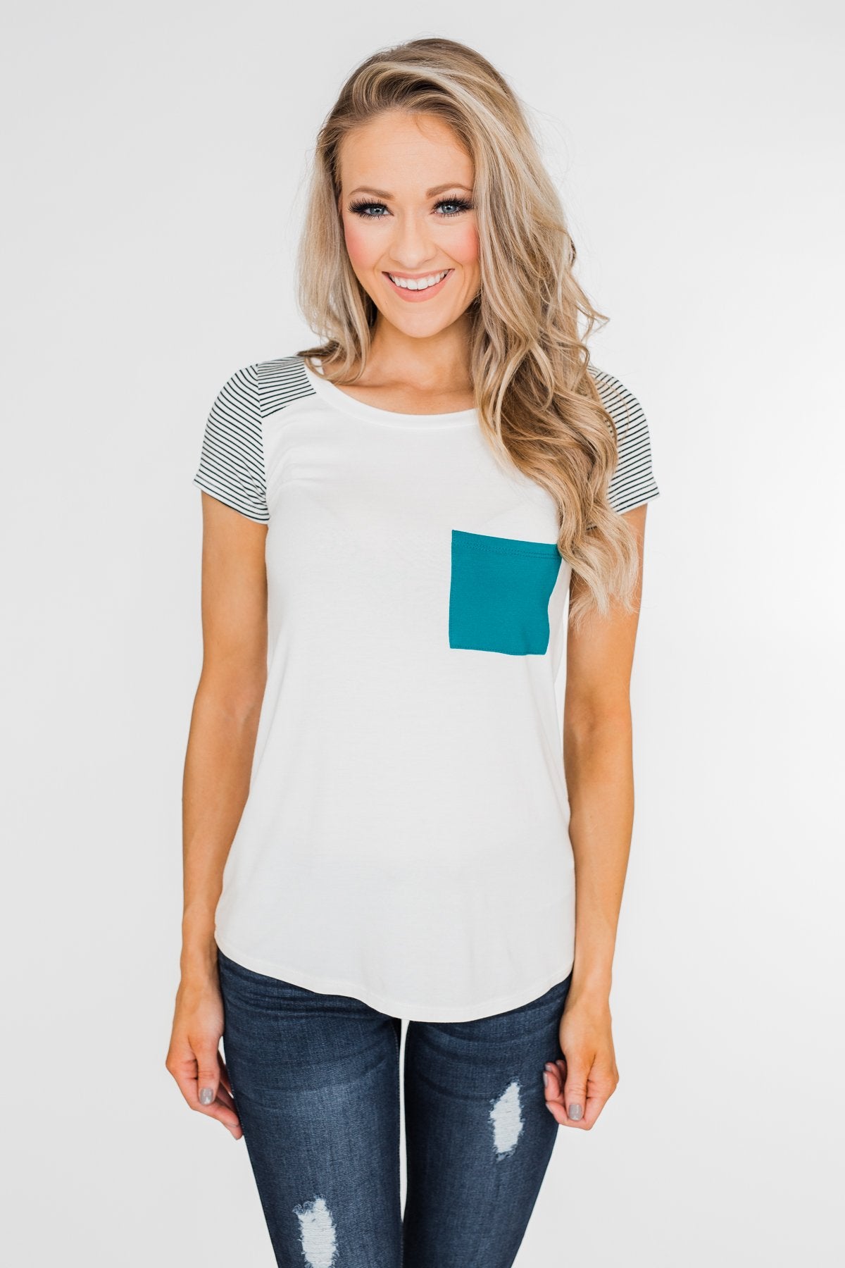 Take Me There Striped Sleeve Pocket Top- Teal