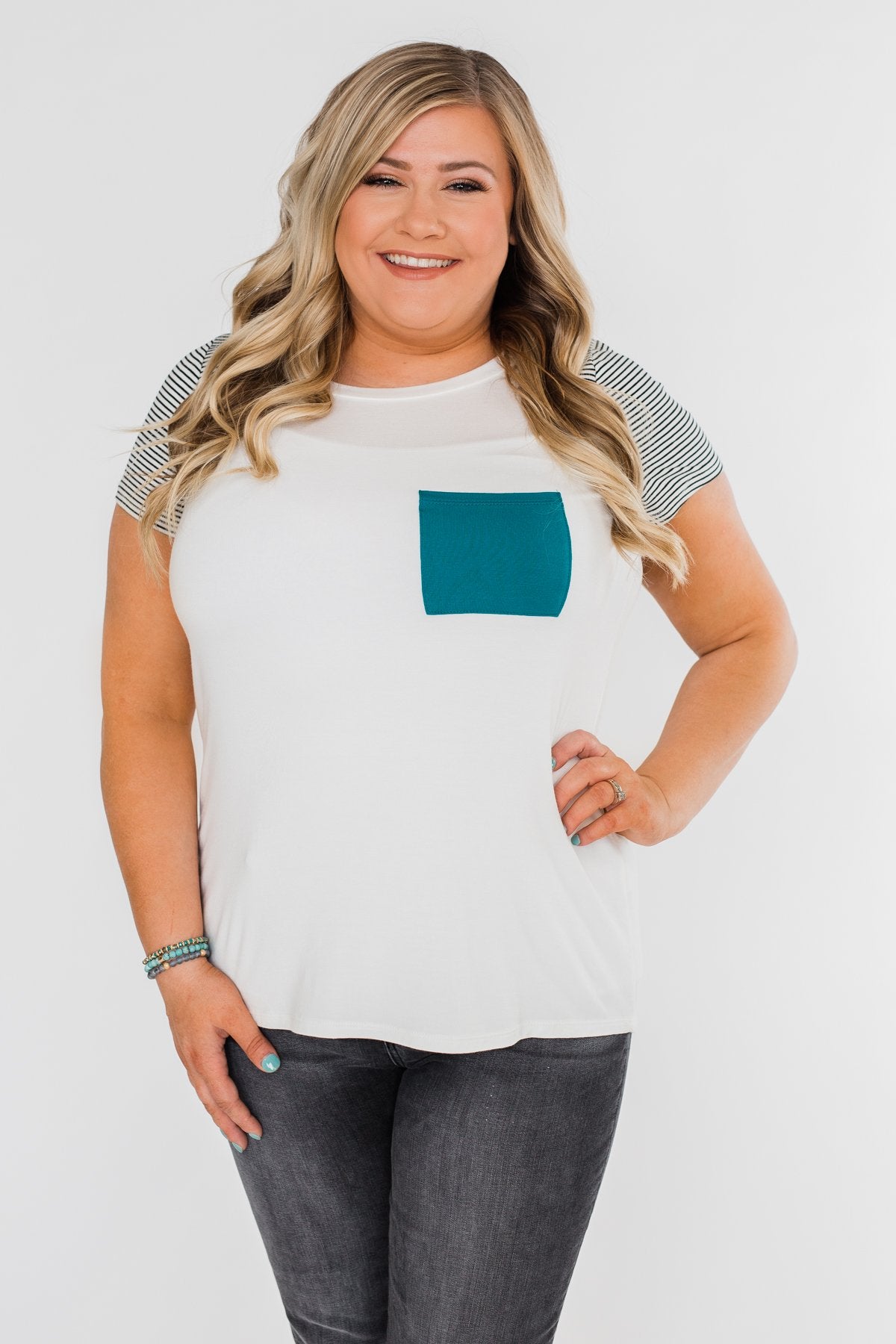 Take Me There Striped Sleeve Pocket Top- Teal