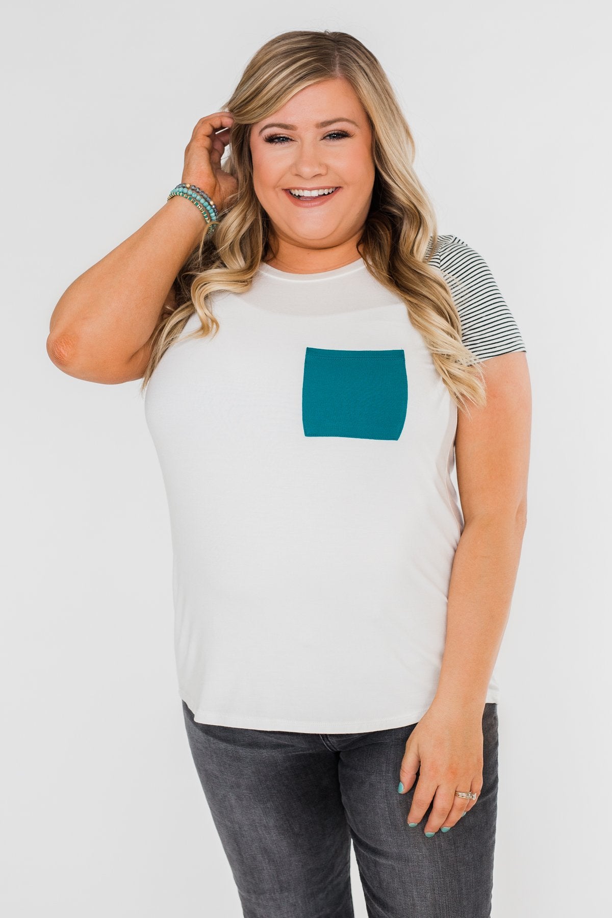 Take Me There Striped Sleeve Pocket Top- Teal