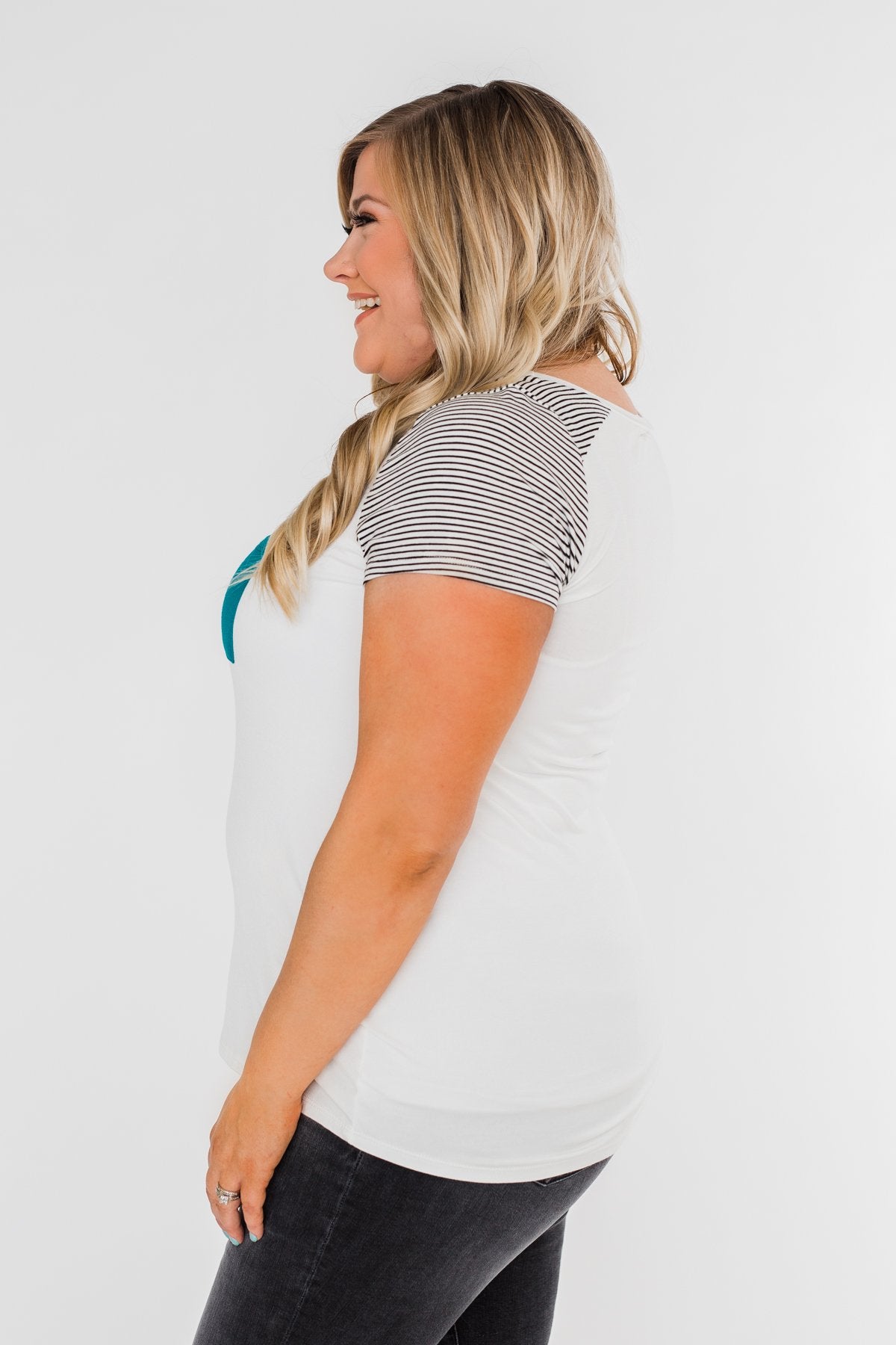 Take Me There Striped Sleeve Pocket Top- Teal