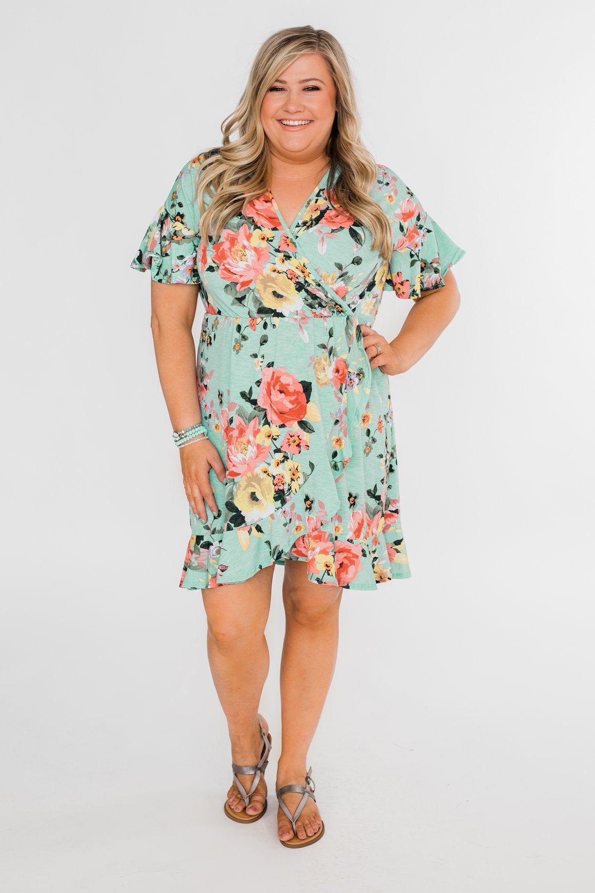 Time To Twirl Floral Ruffle & Wrap Dress- Blue