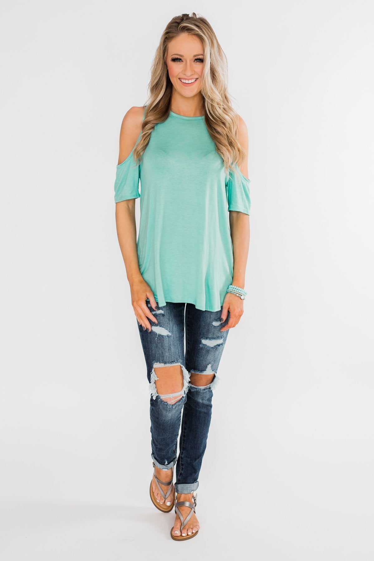 Feeling Alive Cold Shoulder Top- Aqua