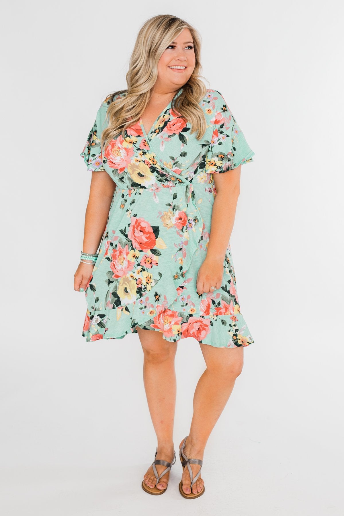 Time To Twirl Floral Ruffle & Wrap Dress- Blue