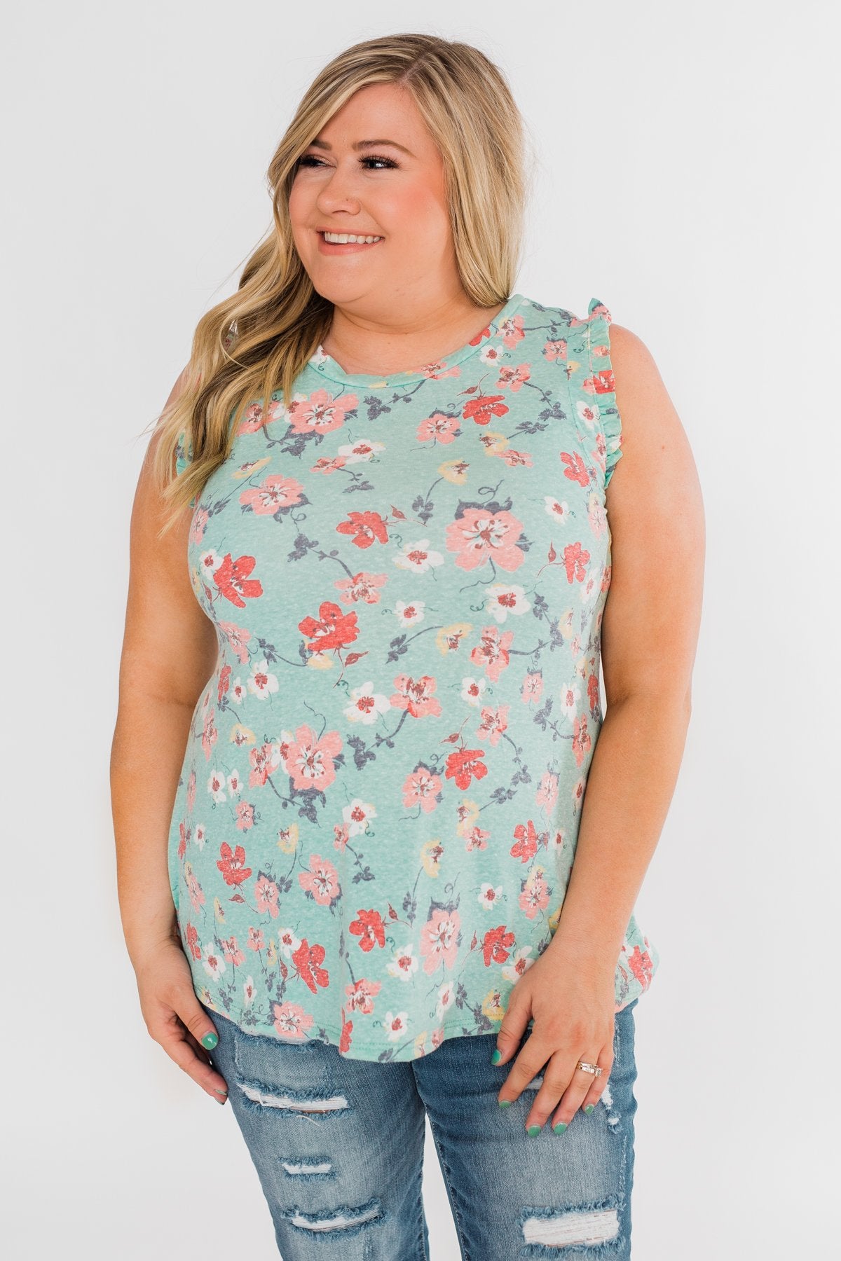 Sunny Day Picnic Ruffle Floral Top- Light Blue