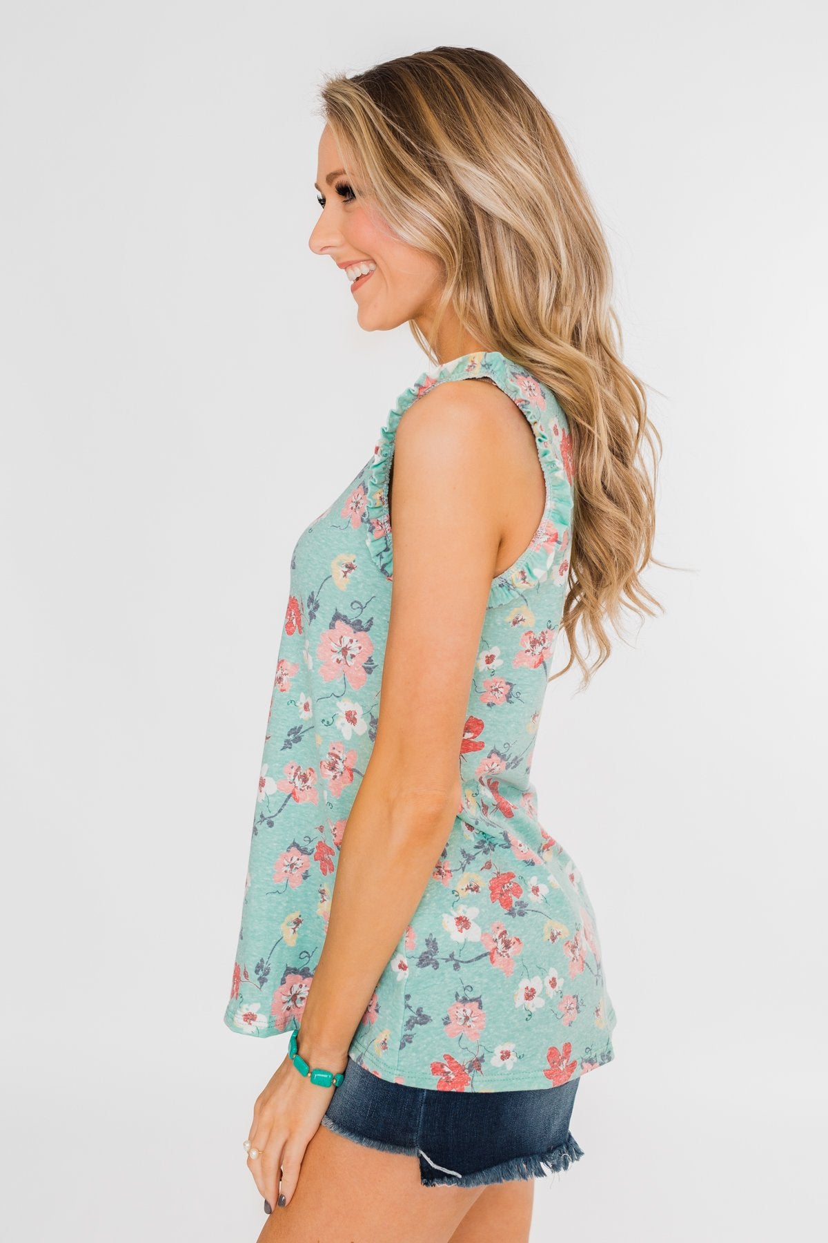Sunny Day Picnic Ruffle Floral Top- Light Blue