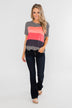 One Day At A Time Striped Color Block Top- Black, Pink, Navy