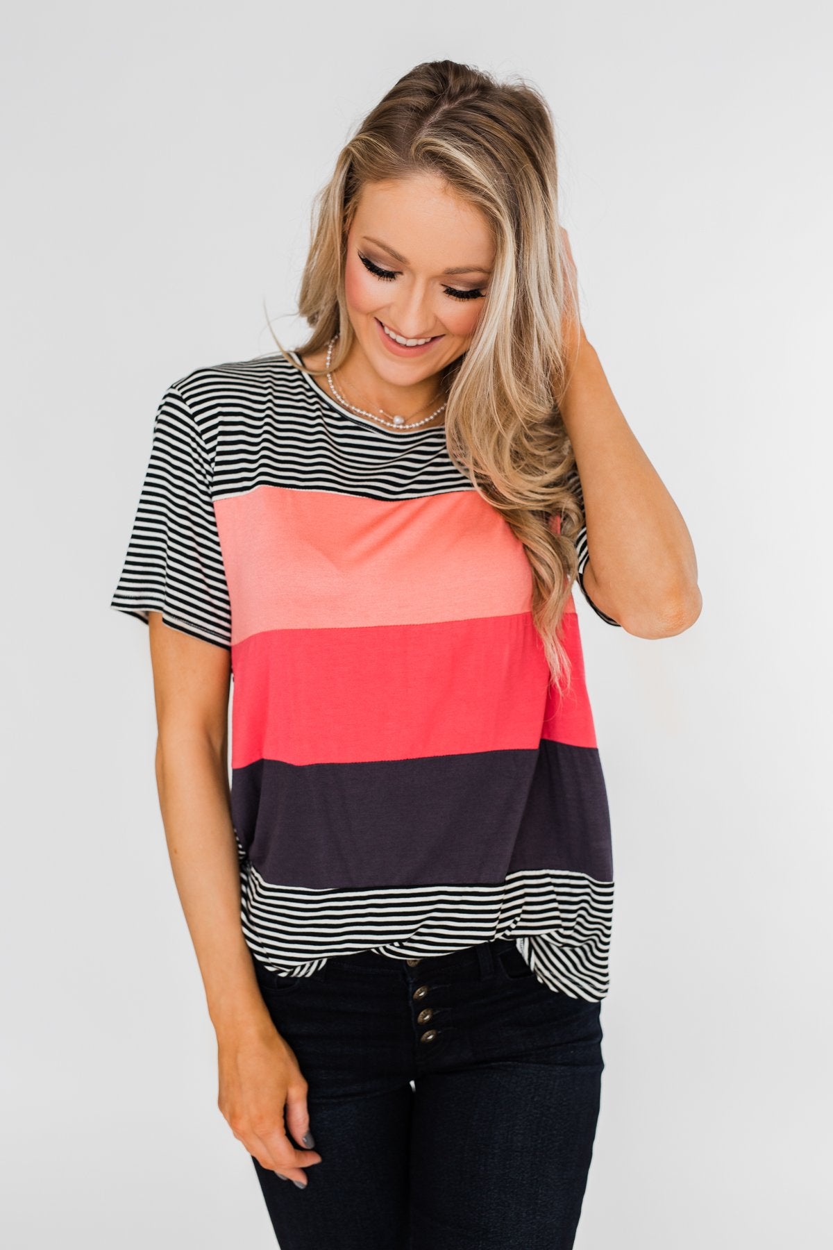 One Day At A Time Striped Color Block Top- Black, Pink, Navy