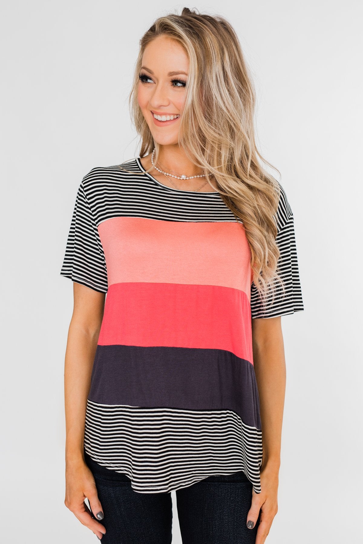 One Day At A Time Striped Color Block Top- Black, Pink, Navy