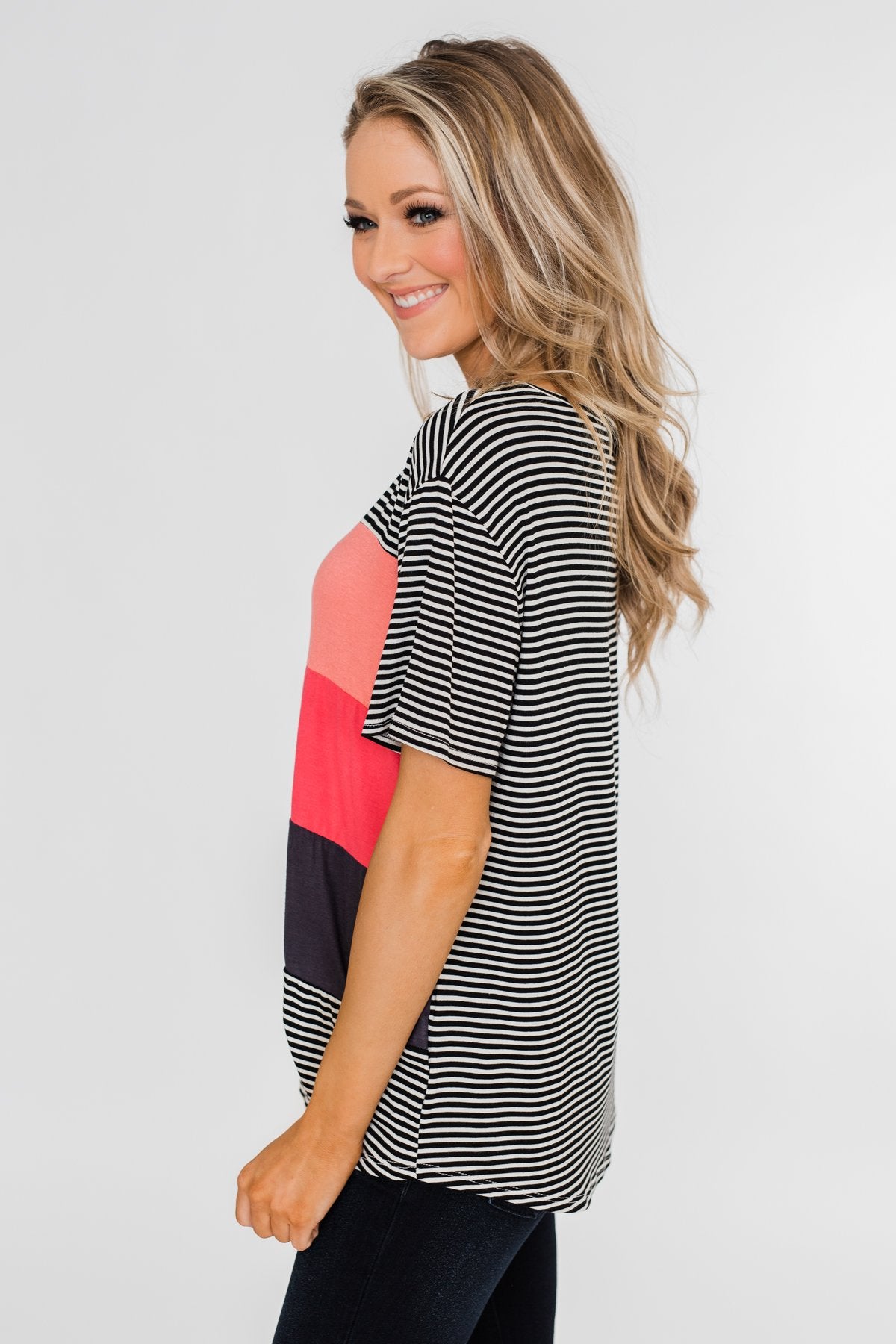 One Day At A Time Striped Color Block Top- Black, Pink, Navy