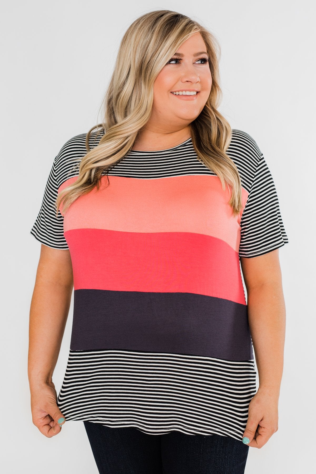 One Day At A Time Striped Color Block Top- Black, Pink, Navy