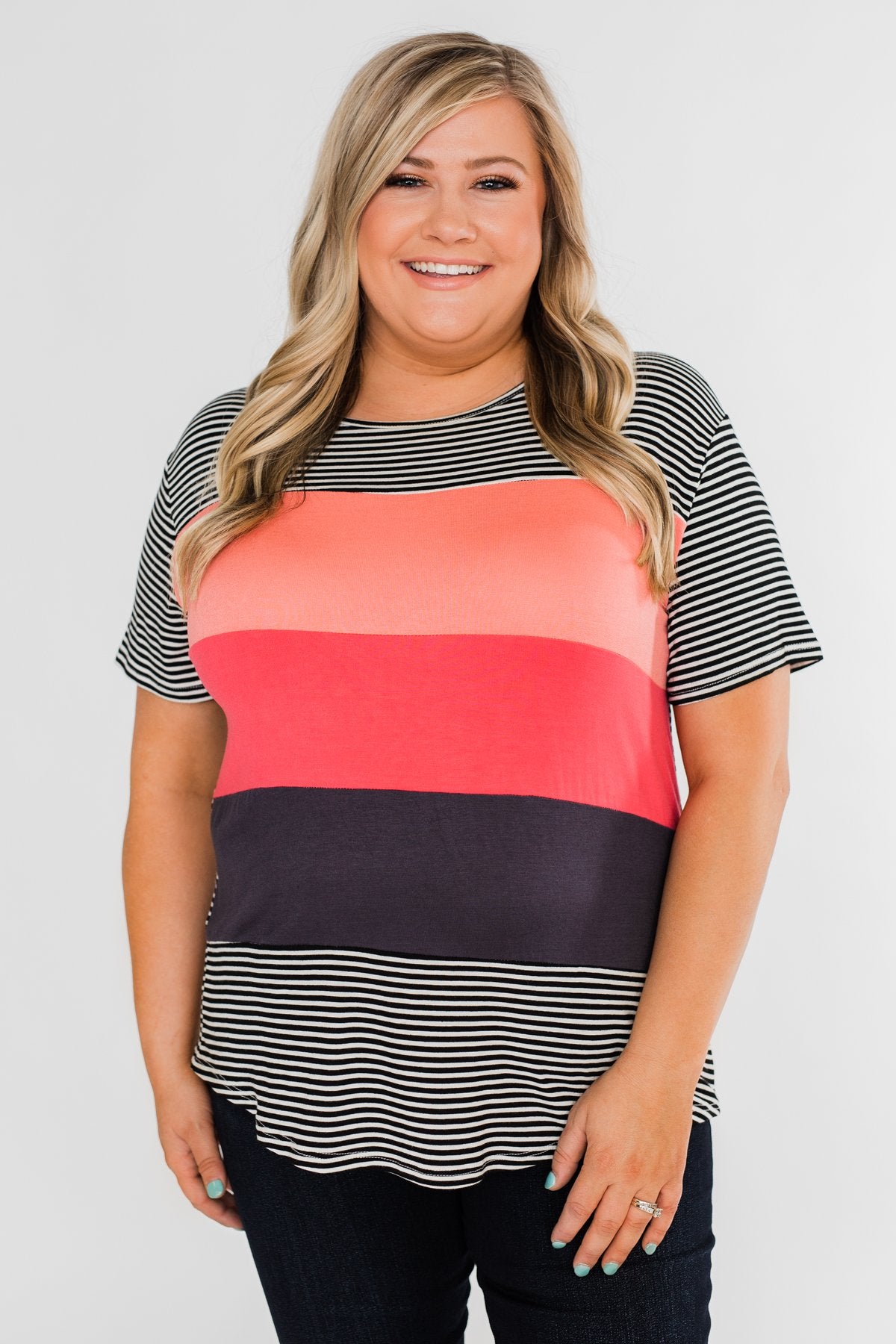 One Day At A Time Striped Color Block Top- Black, Pink, Navy