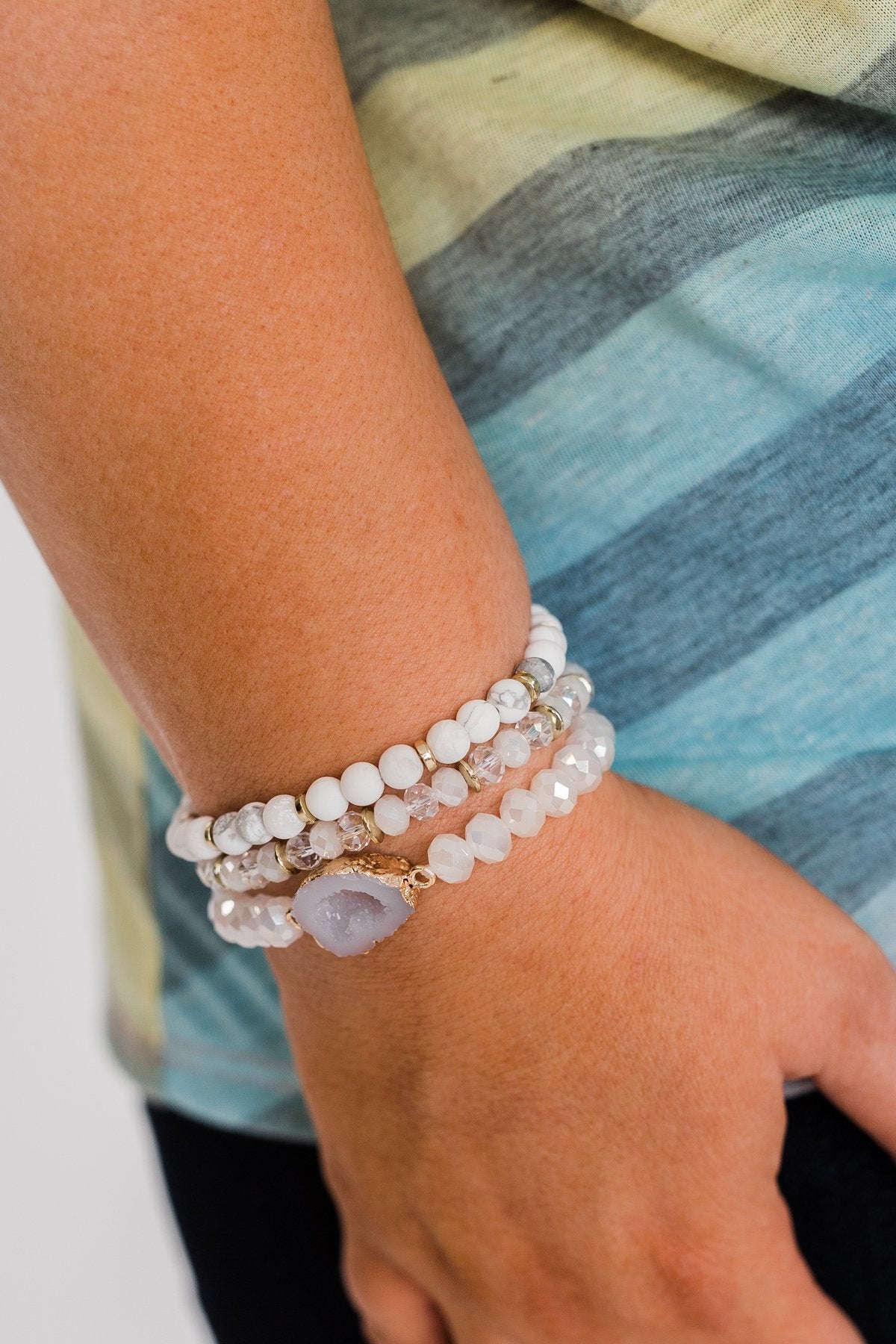 Geo Stone & Marble Bracelet Set- White