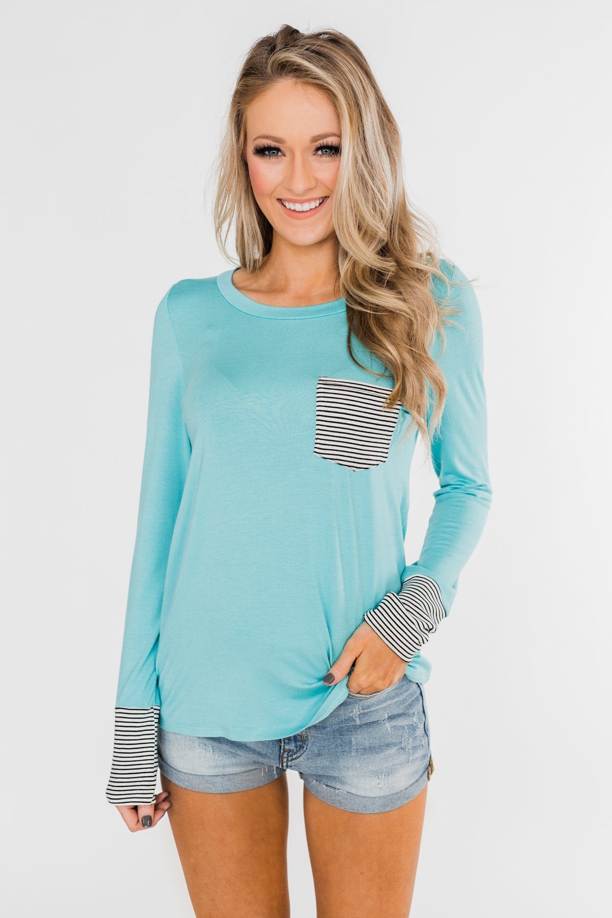 Special to Me Striped Detail Long Sleeve Top- Blue