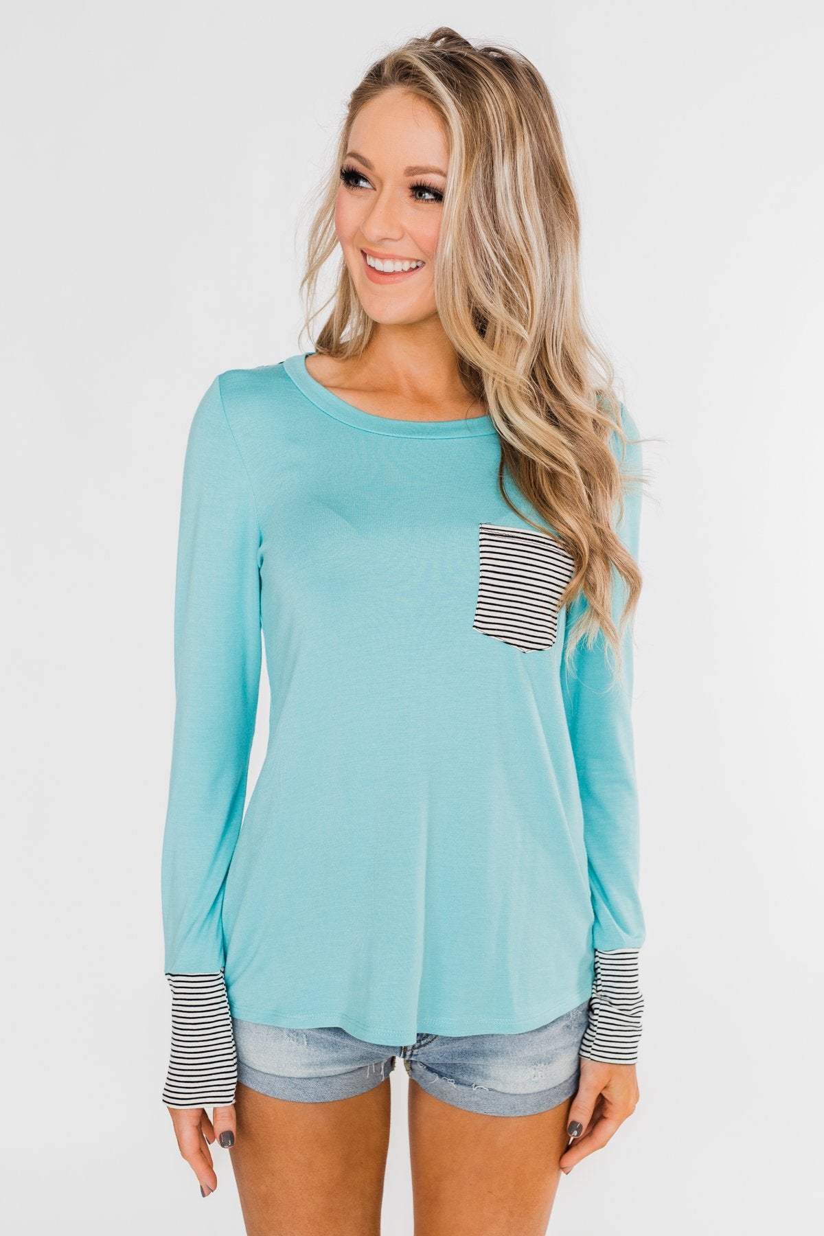 Special to Me Striped Detail Long Sleeve Top- Blue