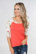 More To Give Floral 3/4 Sleeve Top- Dark Coral