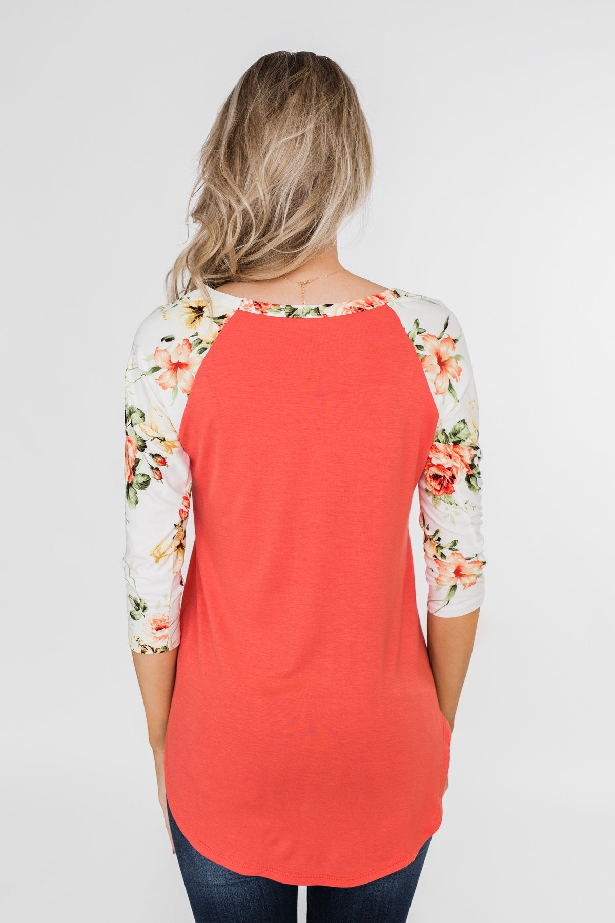 More To Give Floral 3/4 Sleeve Top- Dark Coral