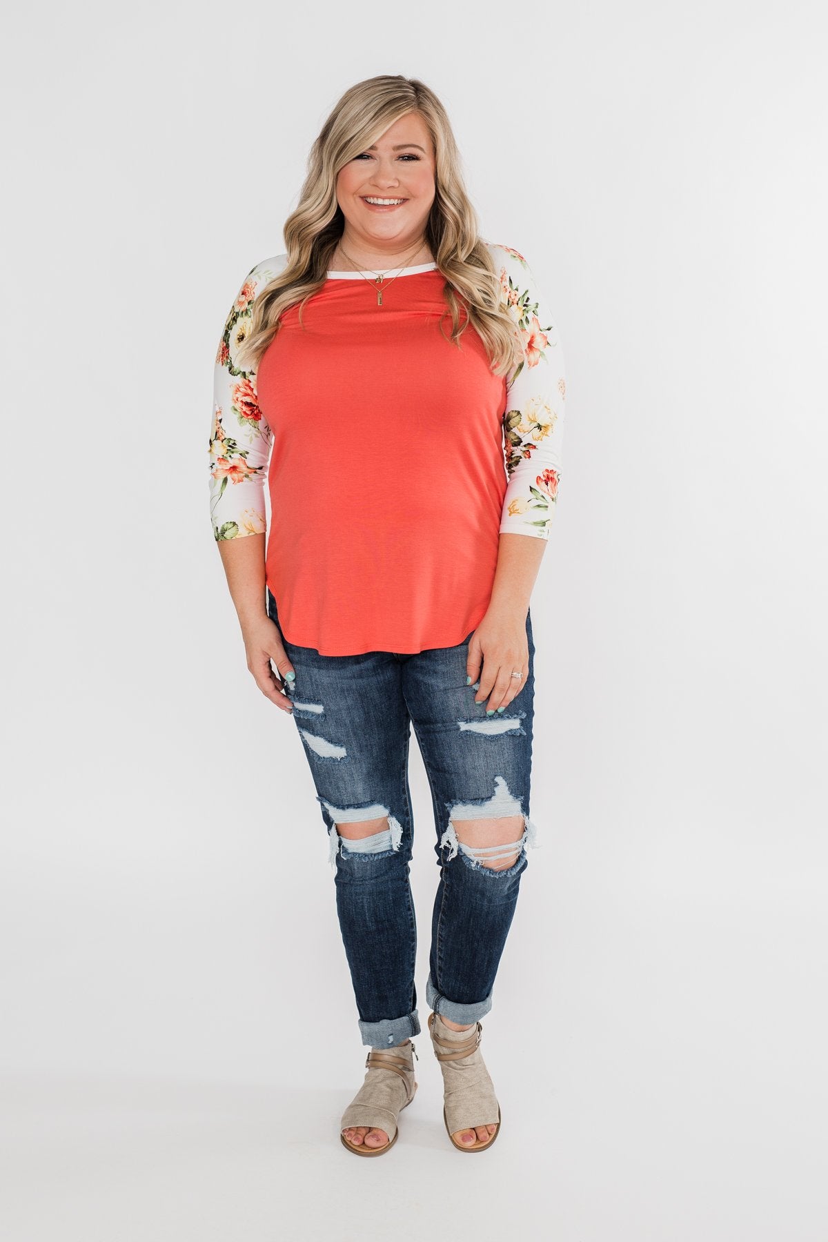 More To Give Floral 3/4 Sleeve Top- Dark Coral