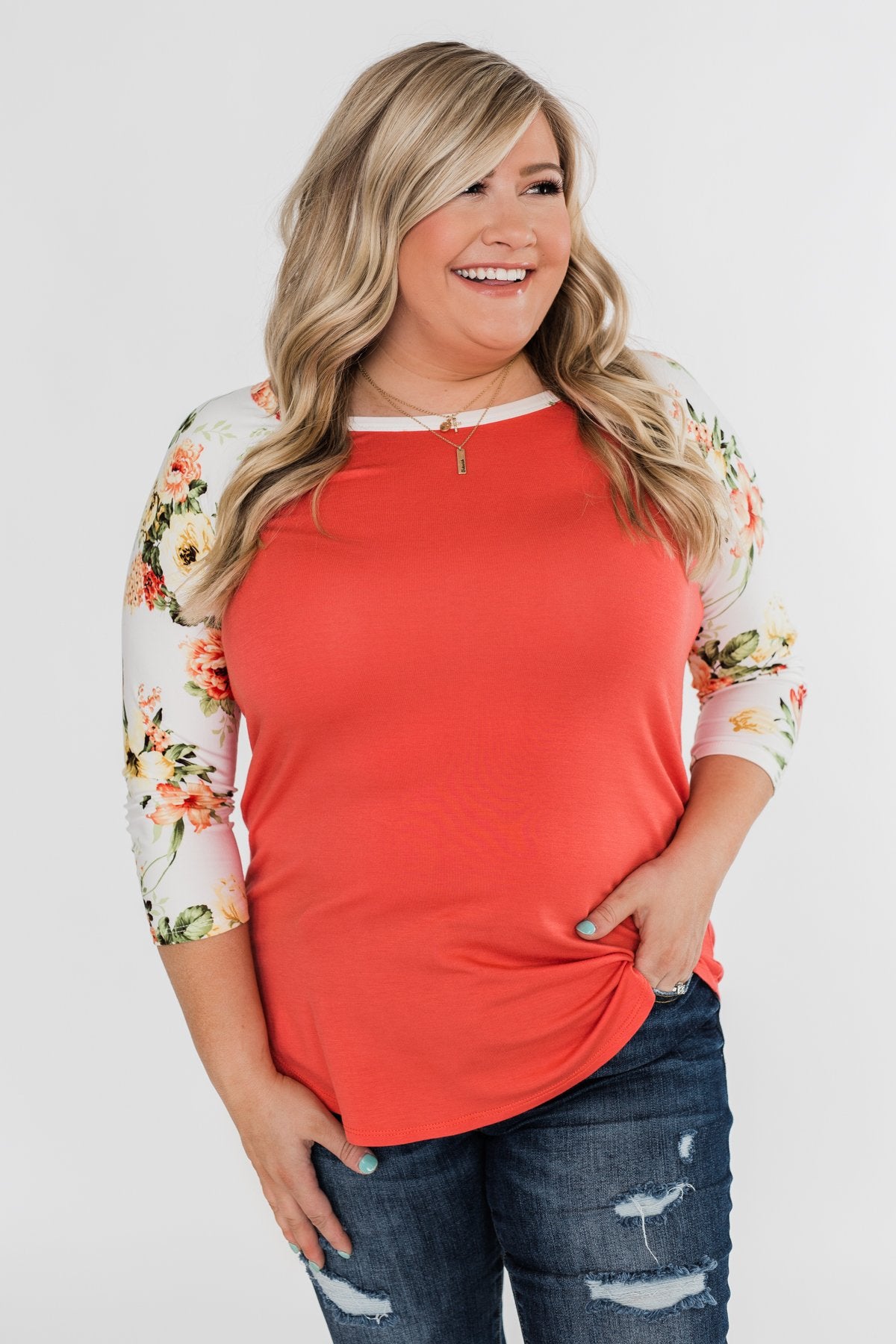 More To Give Floral 3/4 Sleeve Top- Dark Coral