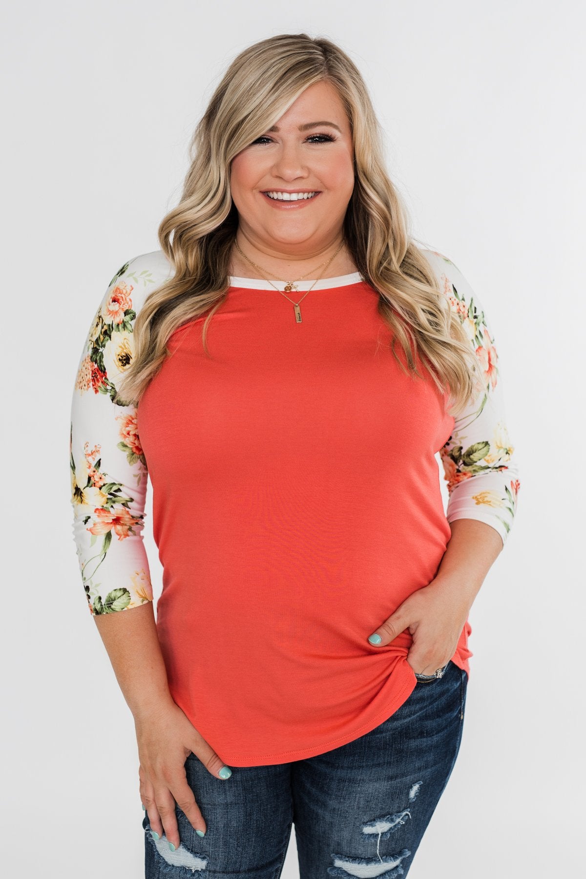 More To Give Floral 3/4 Sleeve Top- Dark Coral