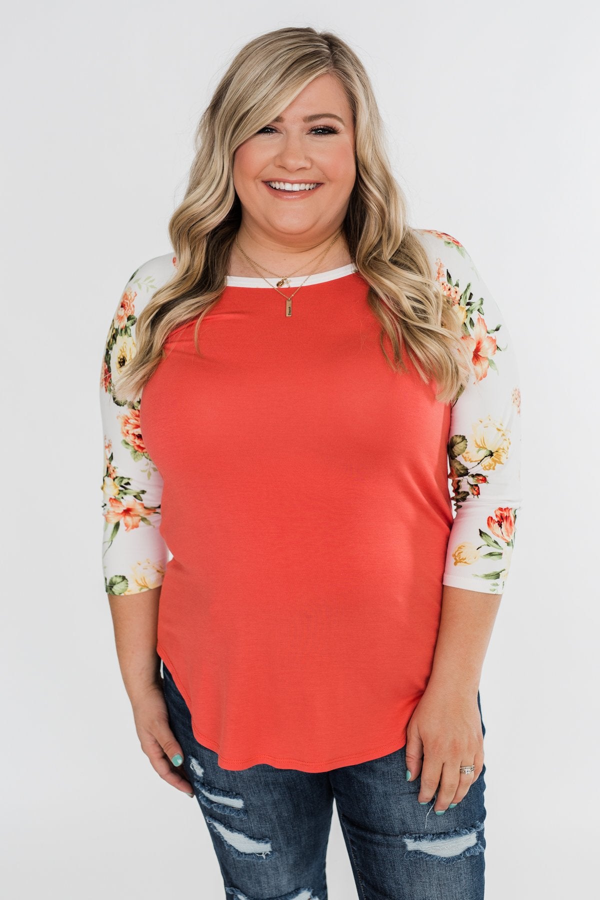 More To Give Floral 3/4 Sleeve Top- Dark Coral