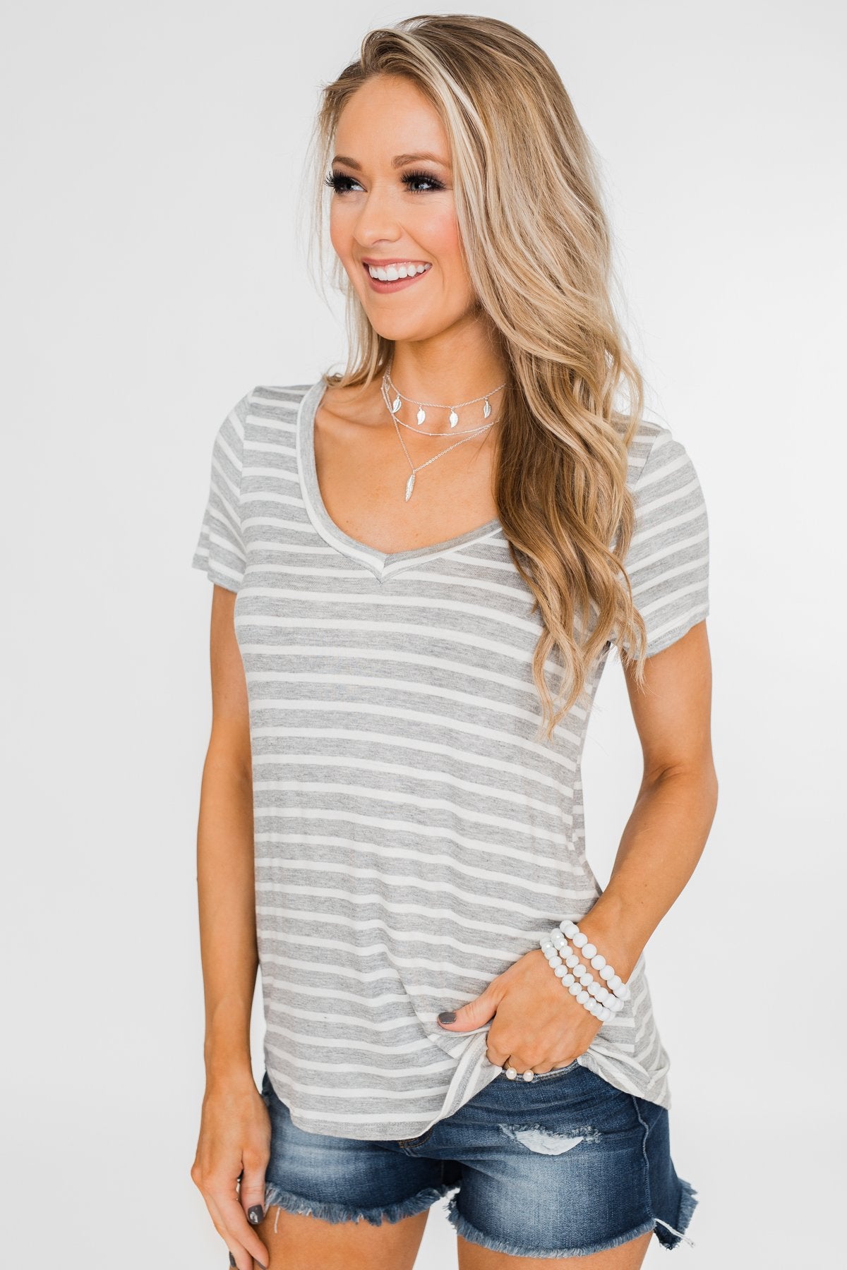 Heather Grey & White Striped V-Neck Top