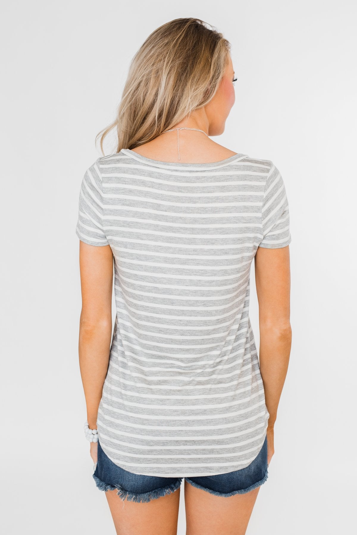 Heather Grey & White Striped V-Neck Top