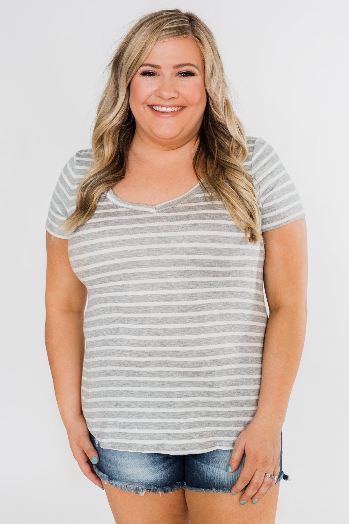 Heather Grey & White Striped V-Neck Top